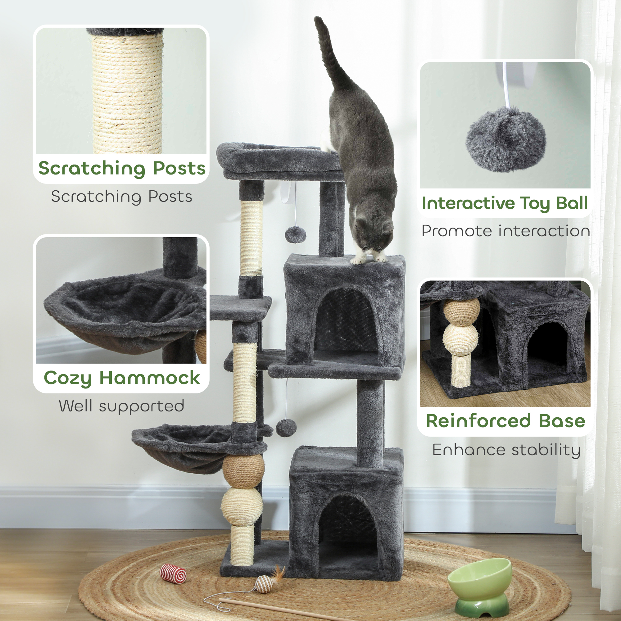 Cat Tower, 42" Multi-Level Cat Tree with Padded Plush Perch, Hammock, 2 Door Condos, Scratching Posts, Toy Balls