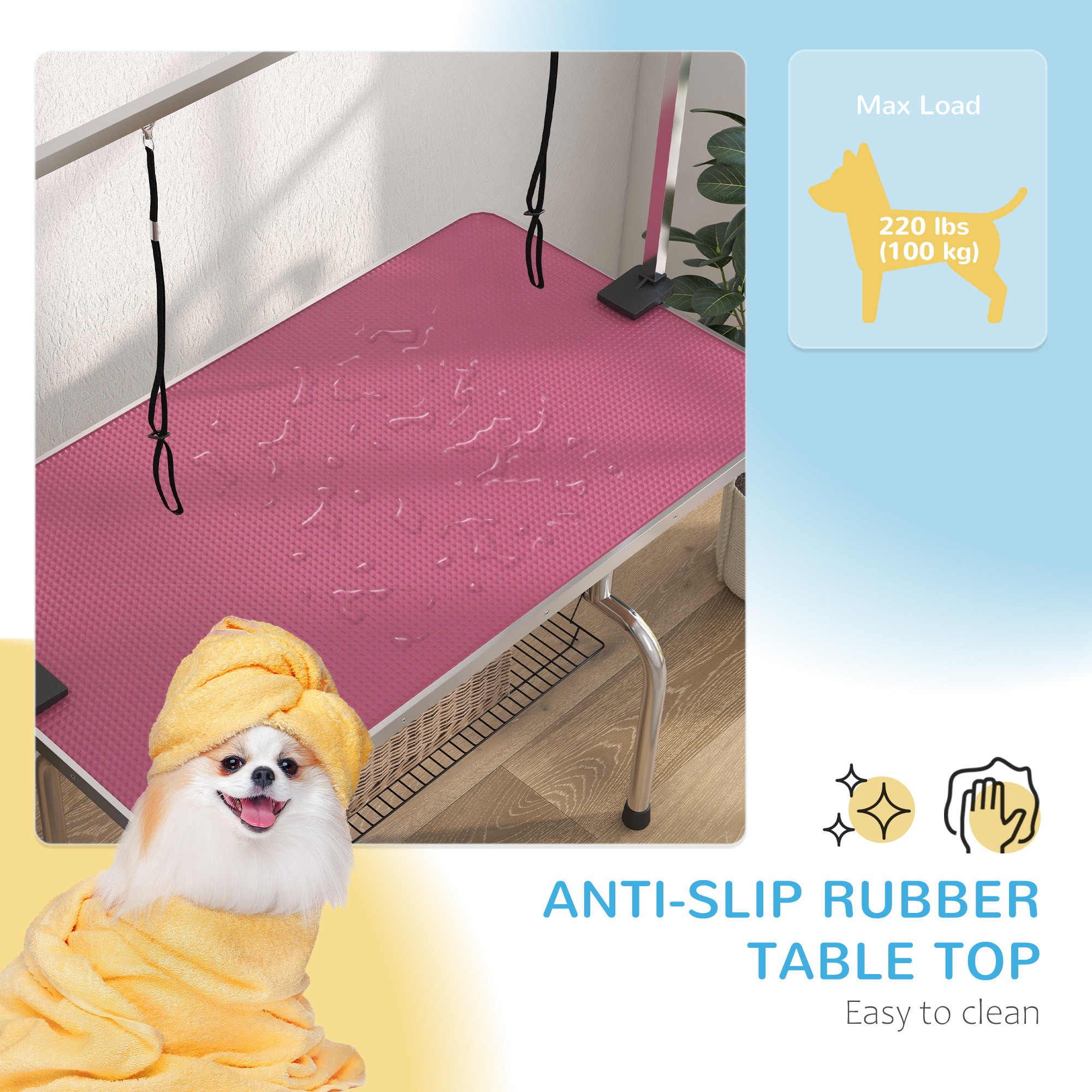 Adjustable Dog Grooming Table with 2 Safety Slings, Storage Basket, Pink