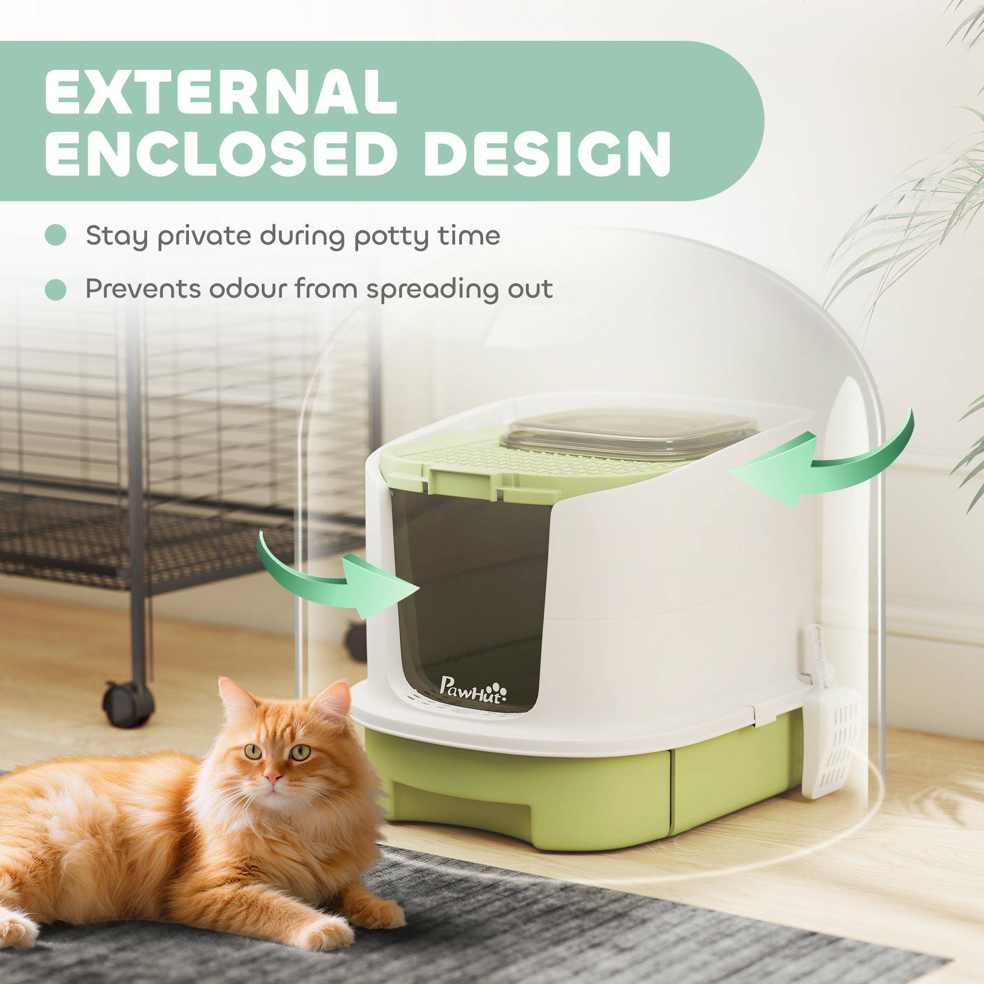 Enclosed Cat Litter Box with Lid, Scoop, Top Entry, Deodorization Bags, Drawer Type Cat Litter Tray, Easy to Clean, Green
