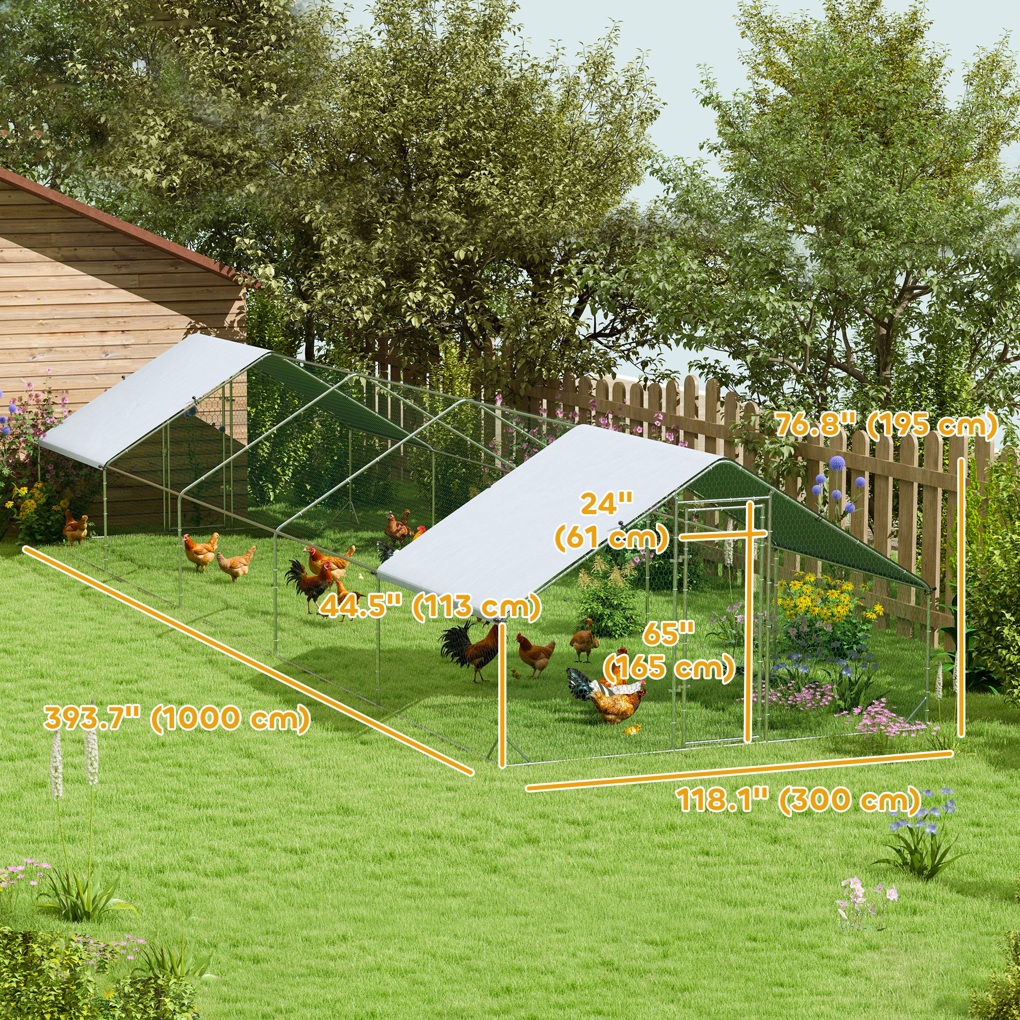 Metal Chicken Coop with Water & UV Protection Cover for Backyard Hen, Duck, Rabbit, 9.8' x 32.8' x 6.4'