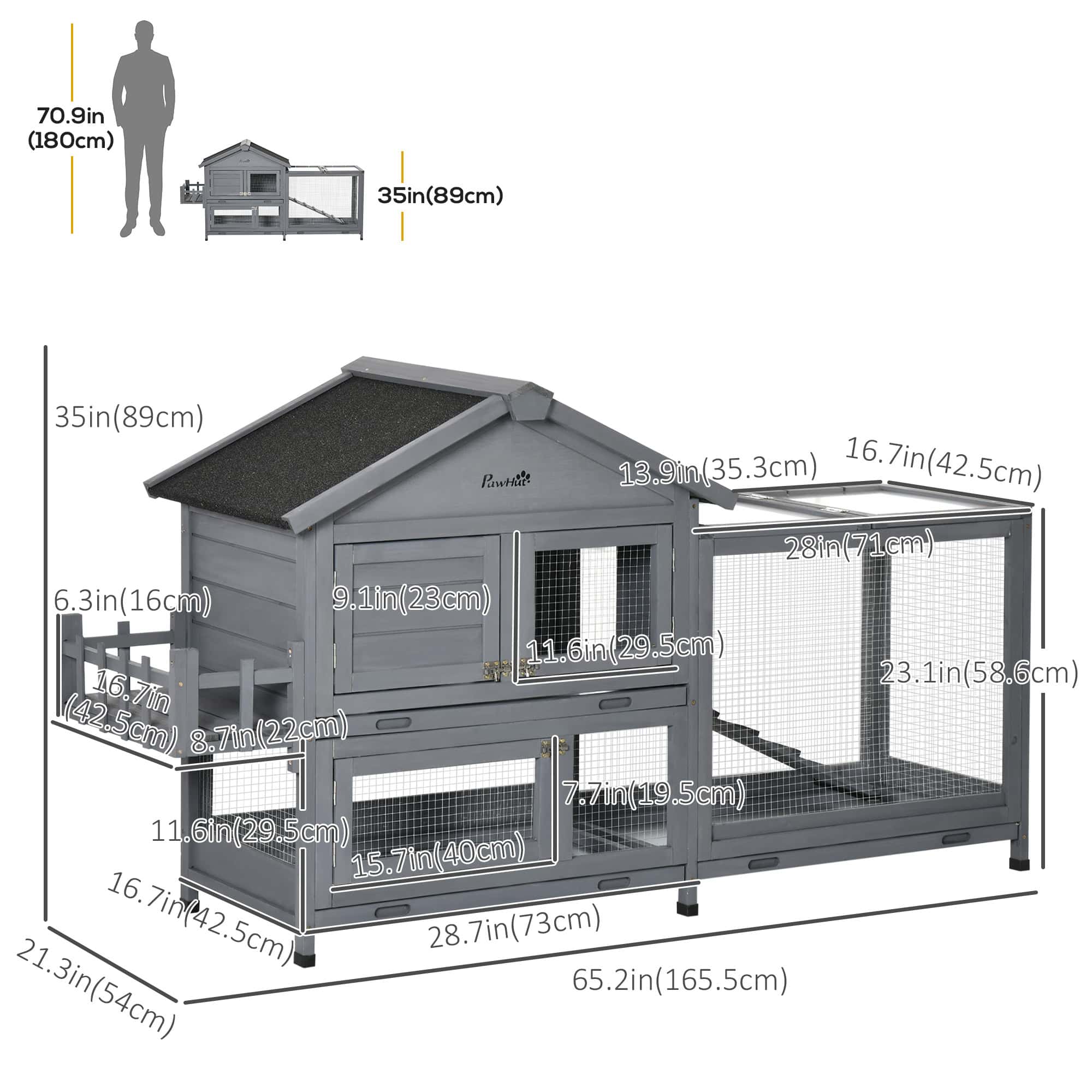 65" Wooden Rabbit Hutch, Pet Playpen with Openable Roof, Storage Box, for Rabbits and Small Animals, Dark Grey - Image 3