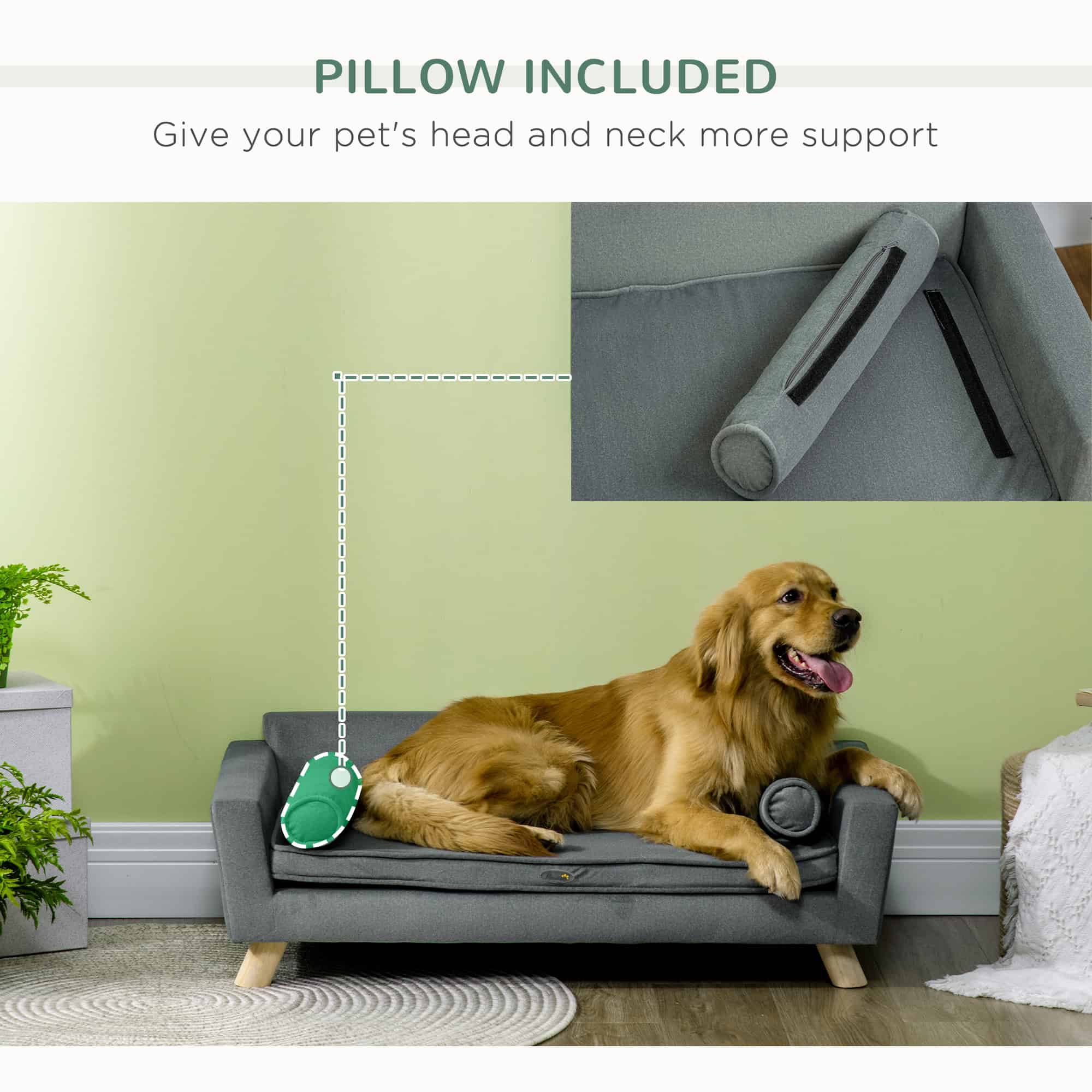 Dog Sofa Bed with Removable Pillows, Foam Pet Sofa Cat Sofa with Removable Washable Cushion, Water-resistant Fabric, for Medium and Large Dogs, Grey