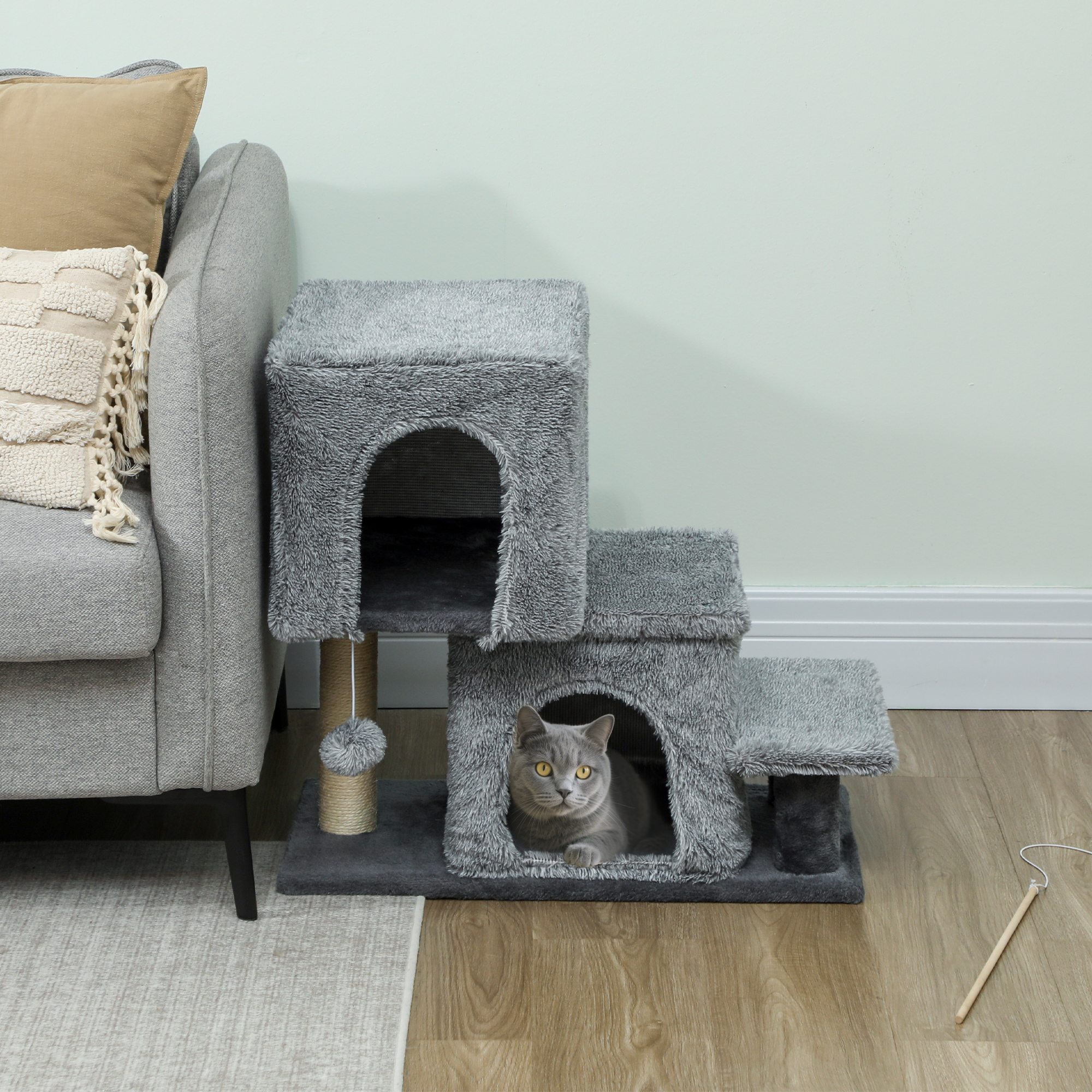 4-Step Pet Stairs, Adjustable Height Cat Stairs with Scratching Posts Cat Condo, Hanging Ball for High Bed, Grey