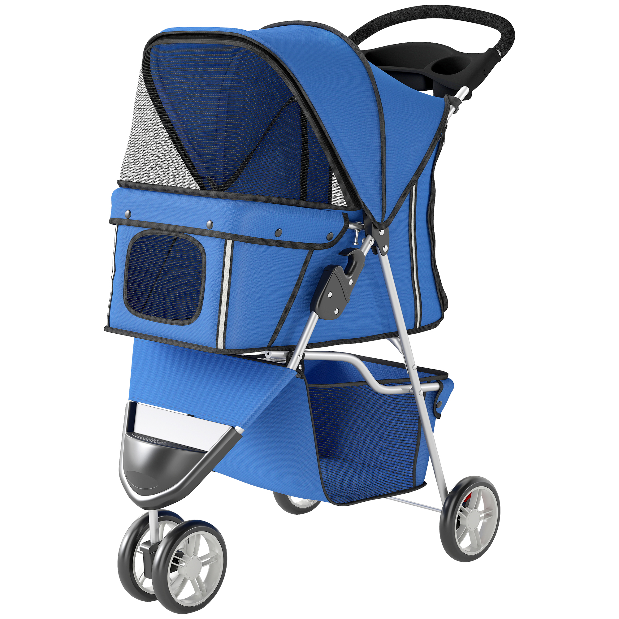 3 Wheels Foldable Dog Stroller with Storage Basket, Adjustable Canopy, Cupholder for Miniature and Small Dogs, Blue