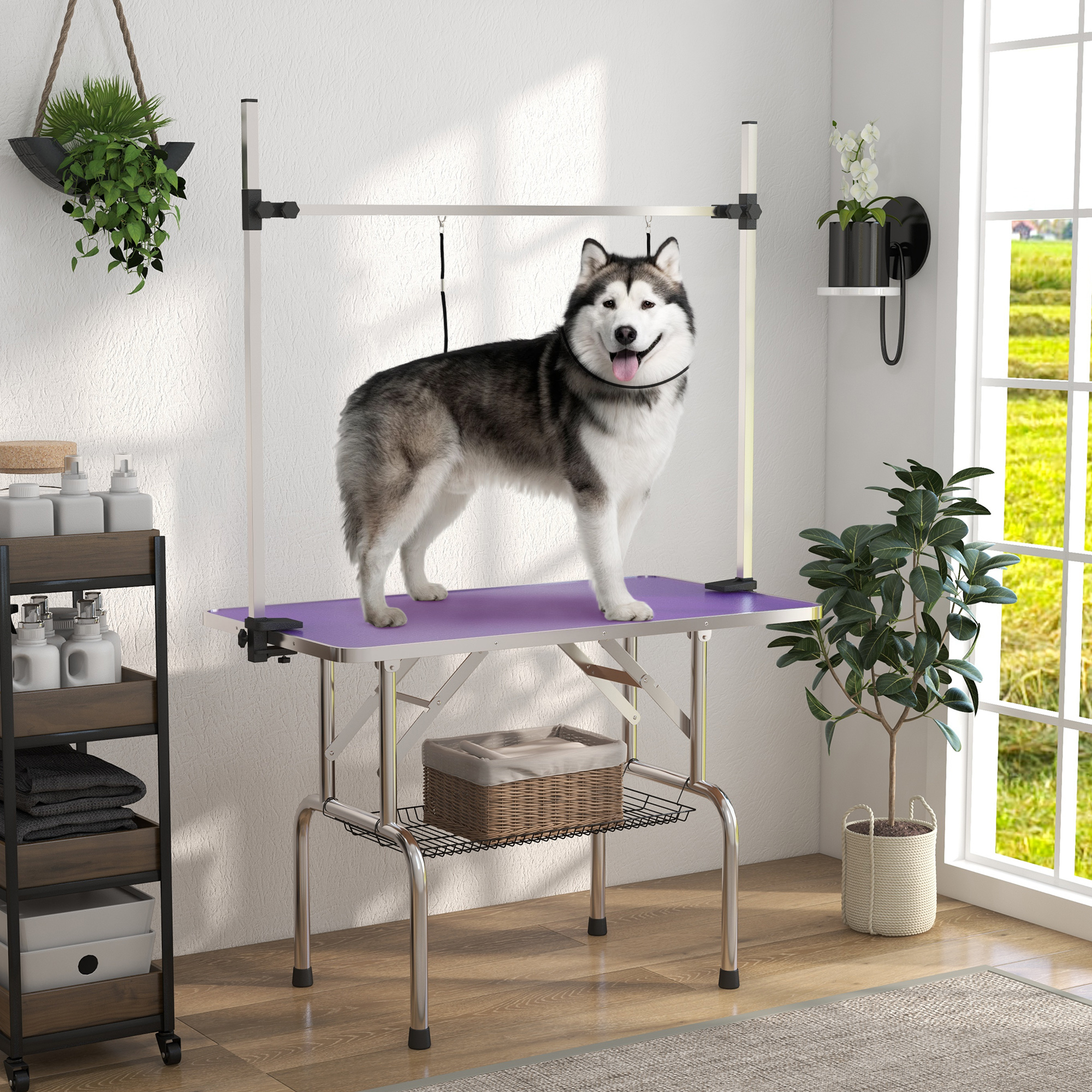 Adjustable Dog Grooming Table with 2 Safety Slings, Storage Basket, Purple