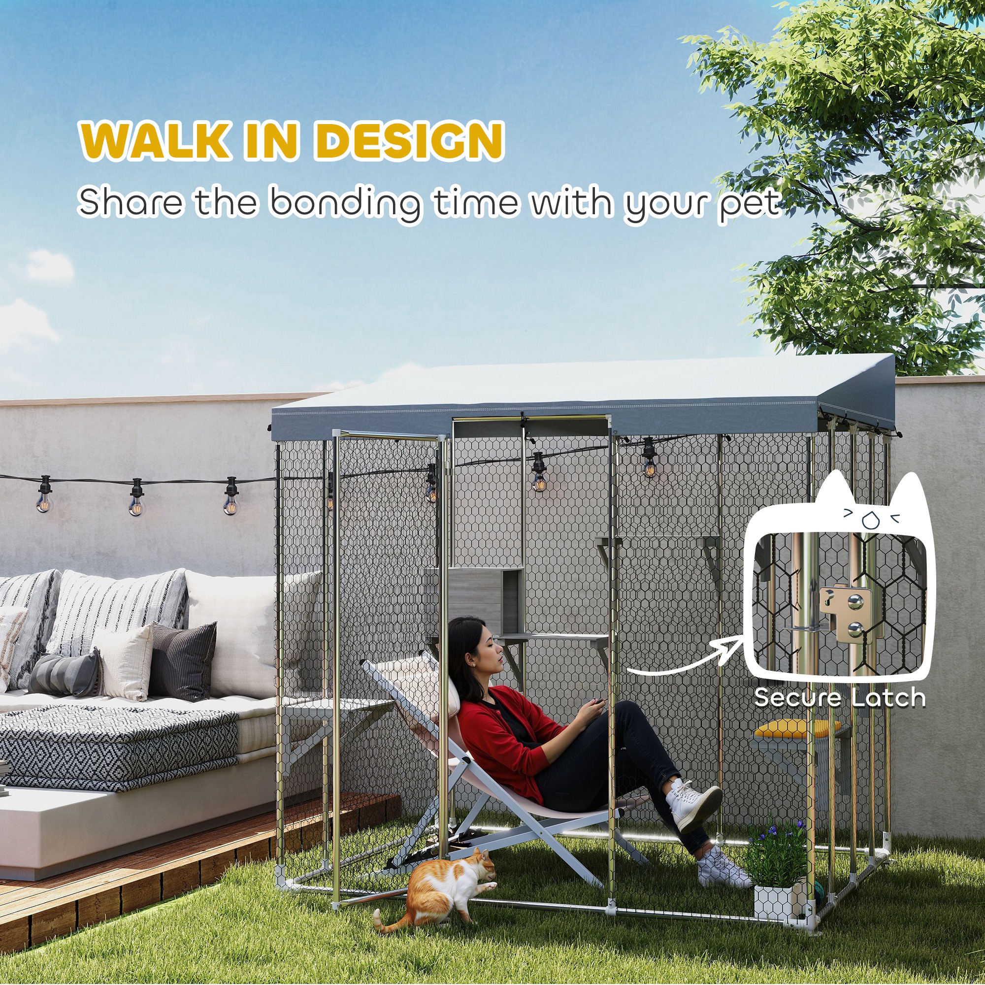 79" L Galvanized Steel Catio Outdoor Cat Enclosure w/ 420D Waterproof Canopy, Multiple Platforms, Resting Condo, Silver