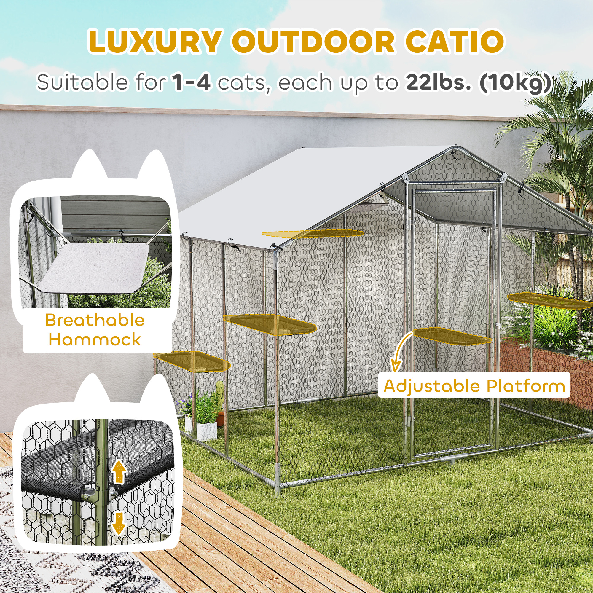 Large Catio Outdoor Cat Enclosure with Waterproof Cover, Walk-in Cat Patio w/ 5 Adjustable Platforms & Hammock 94.5" L