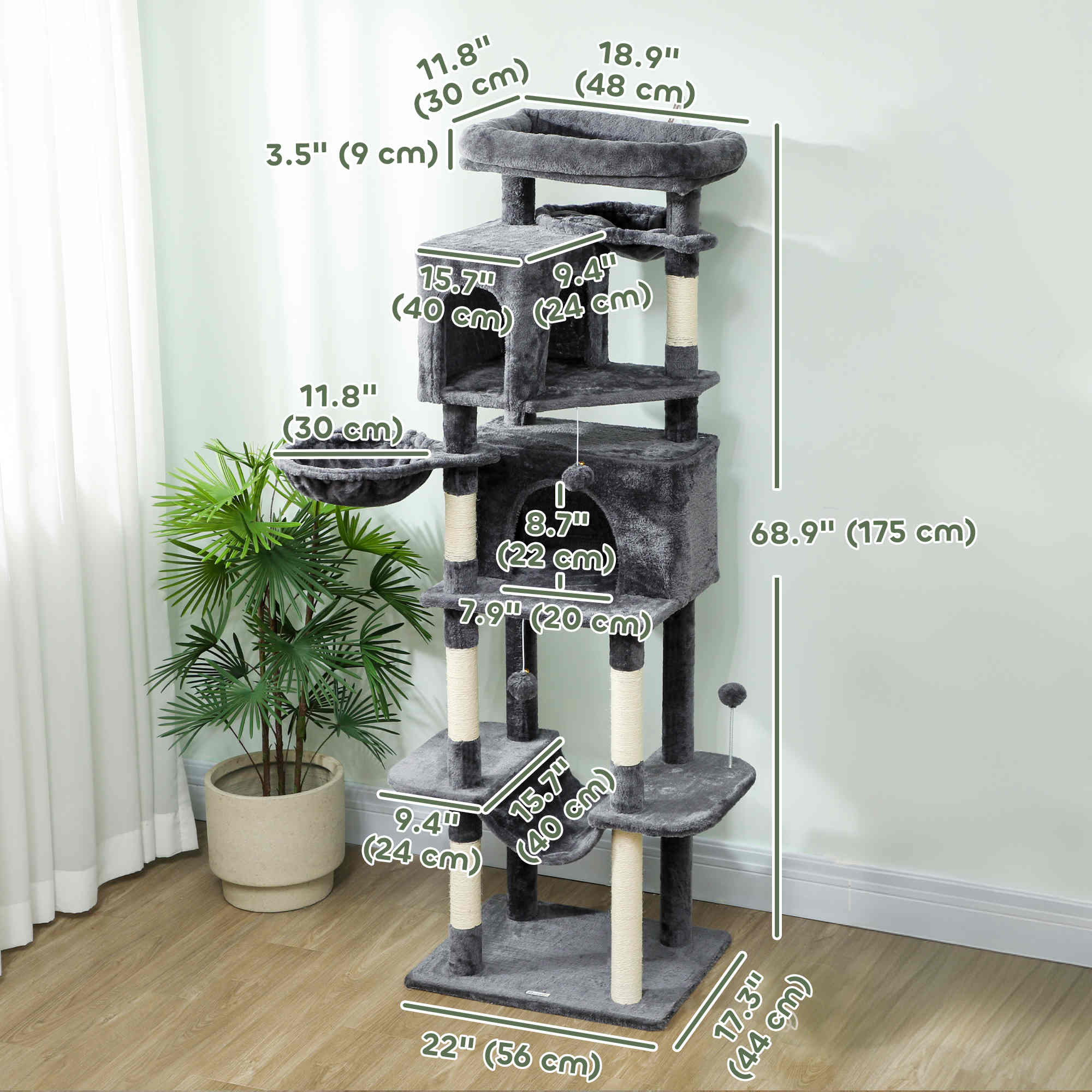 69" Cat Tree, Multi-Level Cat Tower with 2 Condos, Plush Perch and Sisal Scratching Posts, Dark Grey