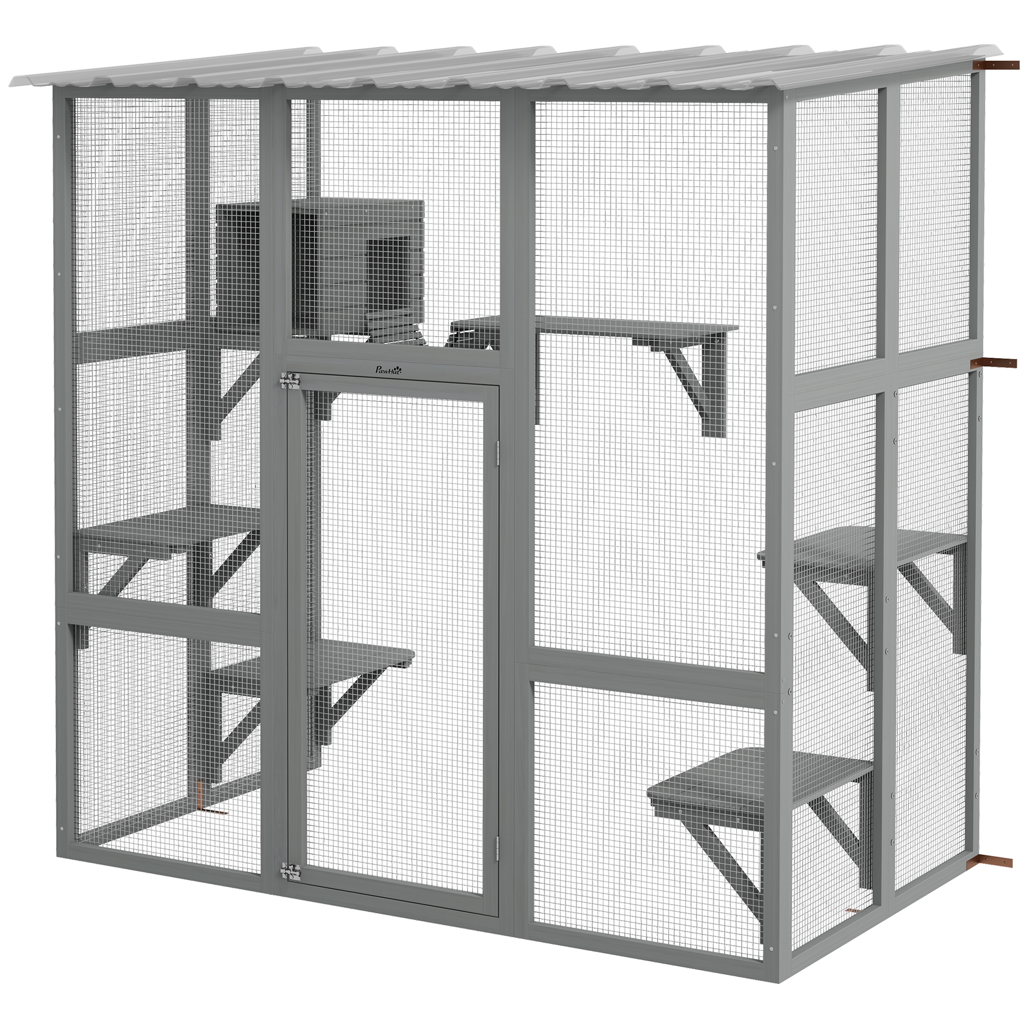 Large Outdoor Catio with Weatherproof Roof, Bridge, Resting Box, Platforms, Grey