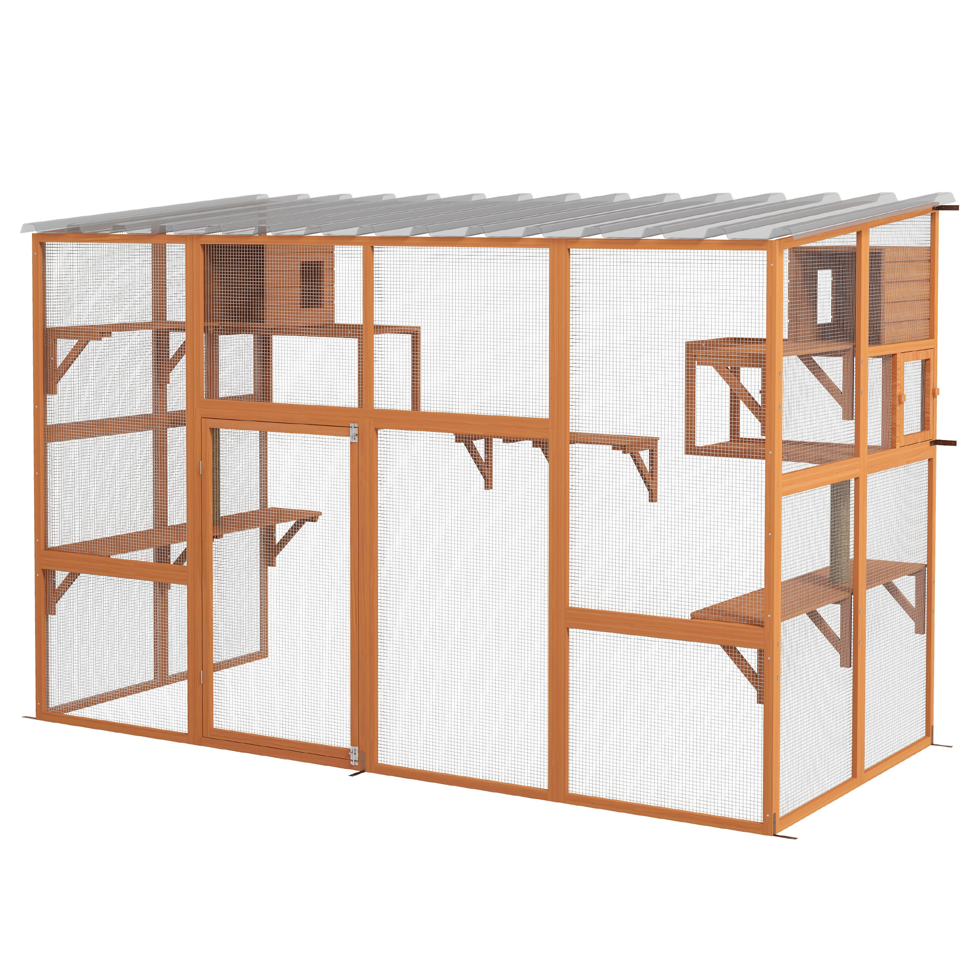 Large Outdoor Catio with 2 Condos, Jumping Platforms, Waterproof Roof, Orange - Image 2