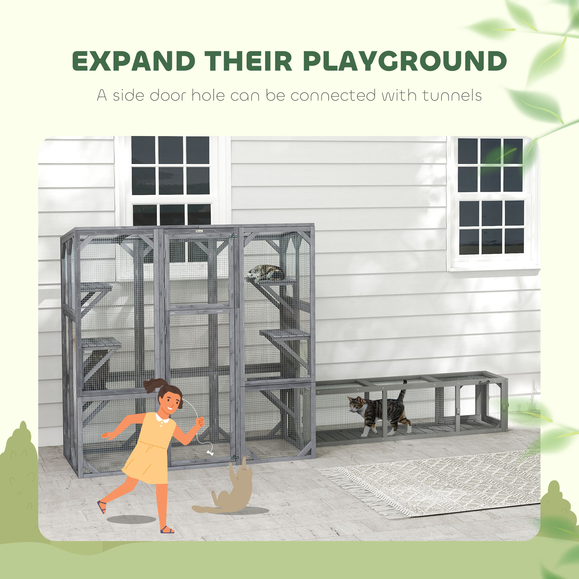 Outdoor Cat Enclosure with 6 Jumping Platforms, Weatherproof Roof, Large Front Door for 1-3 Cats, 59" x 28" x 60", Grey