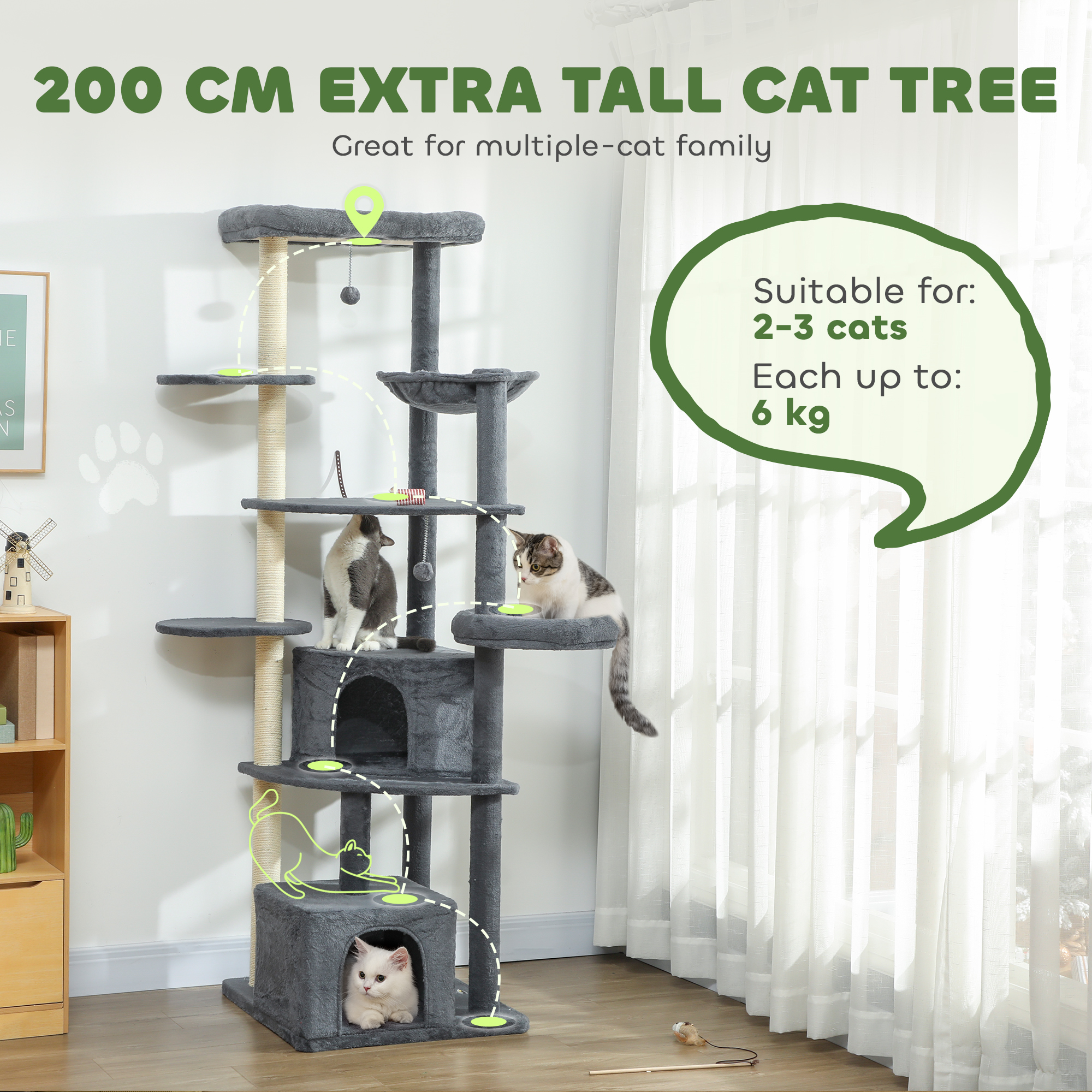 79" Extra Tall Cat Tree with Scratching Posts, Perches, Caves, Hammock, Pompoms, for 2-3 Indoor Cats, Dark Grey - Image 4