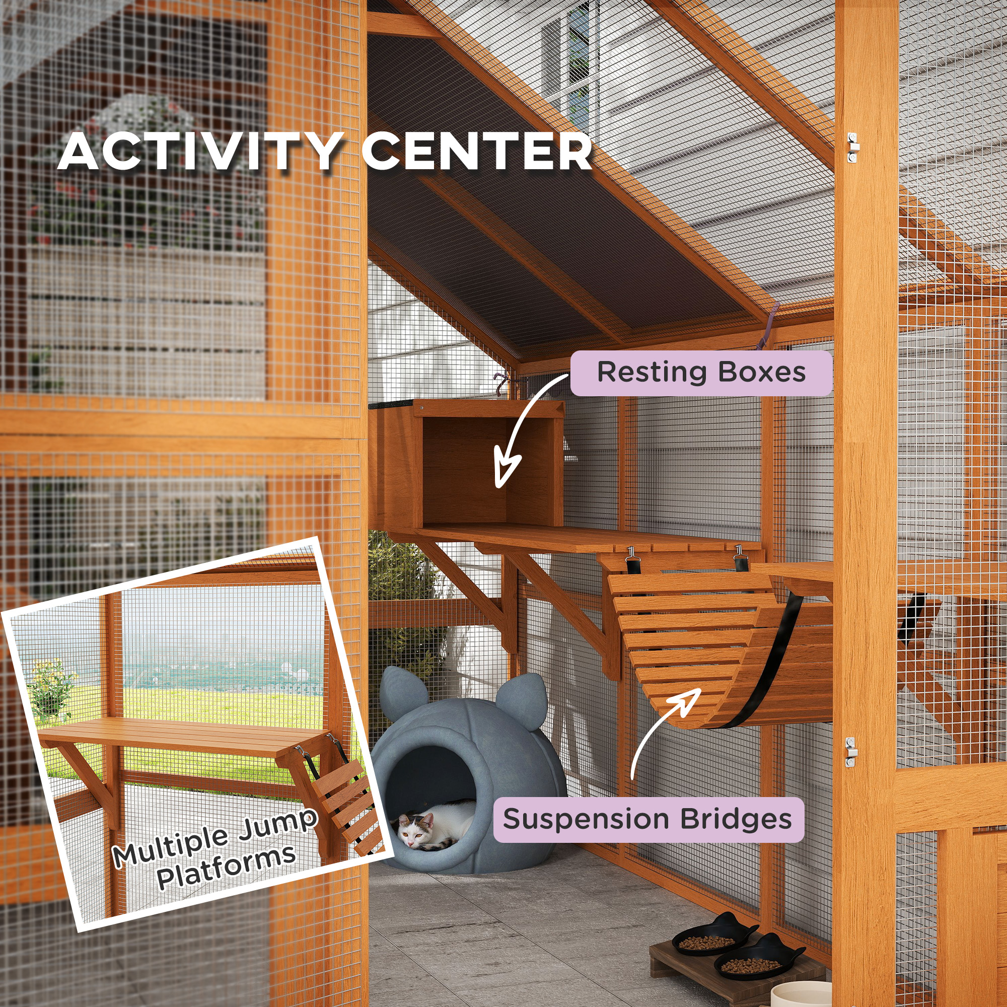 Outdoor Cat Enclosure Wooden Feral Cat House w/ Weatherproof Canopy, Bridges, Resting Boxes, Platforms, for 3-6 Cats
