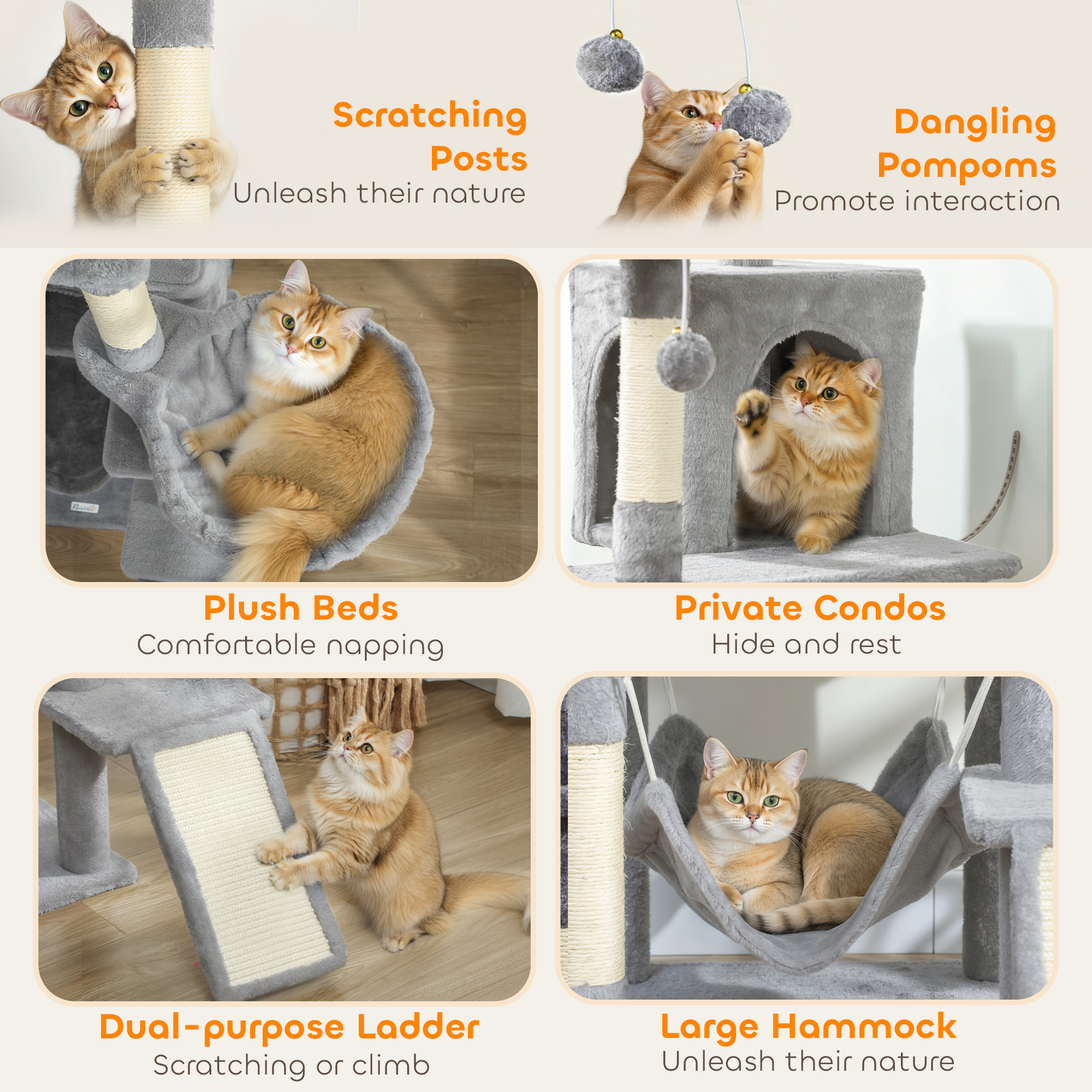 76" Large Cat Tree for Indoor Cats with 8 Scratching Posts, 3 Plush Beds, 2 Hammocks, 2 Large Condos, Ramp, Light Grey