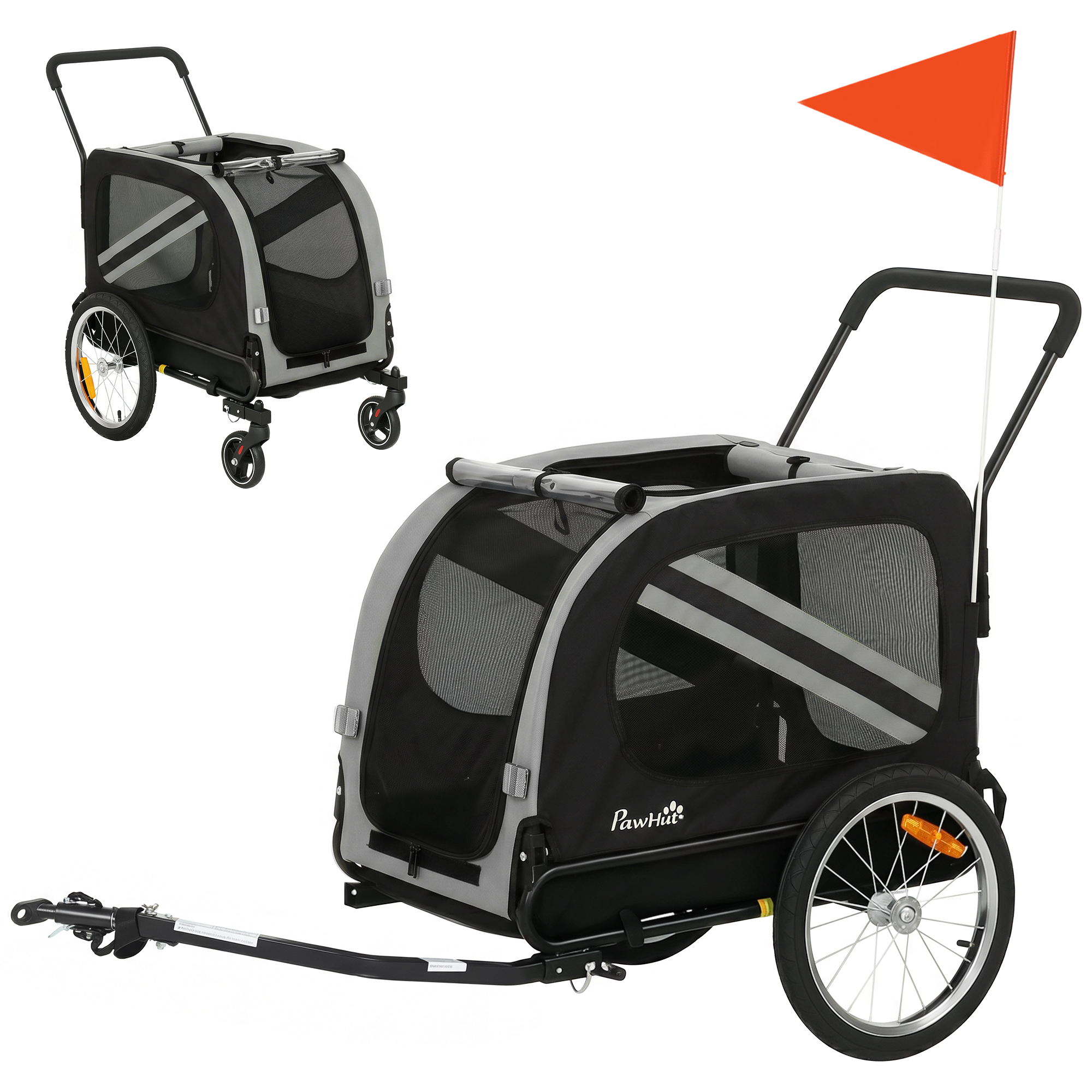 Dog Bike Trailer, 2-in-1 Dog Stroller with Universal Wheel Reflectors Flag, Grey