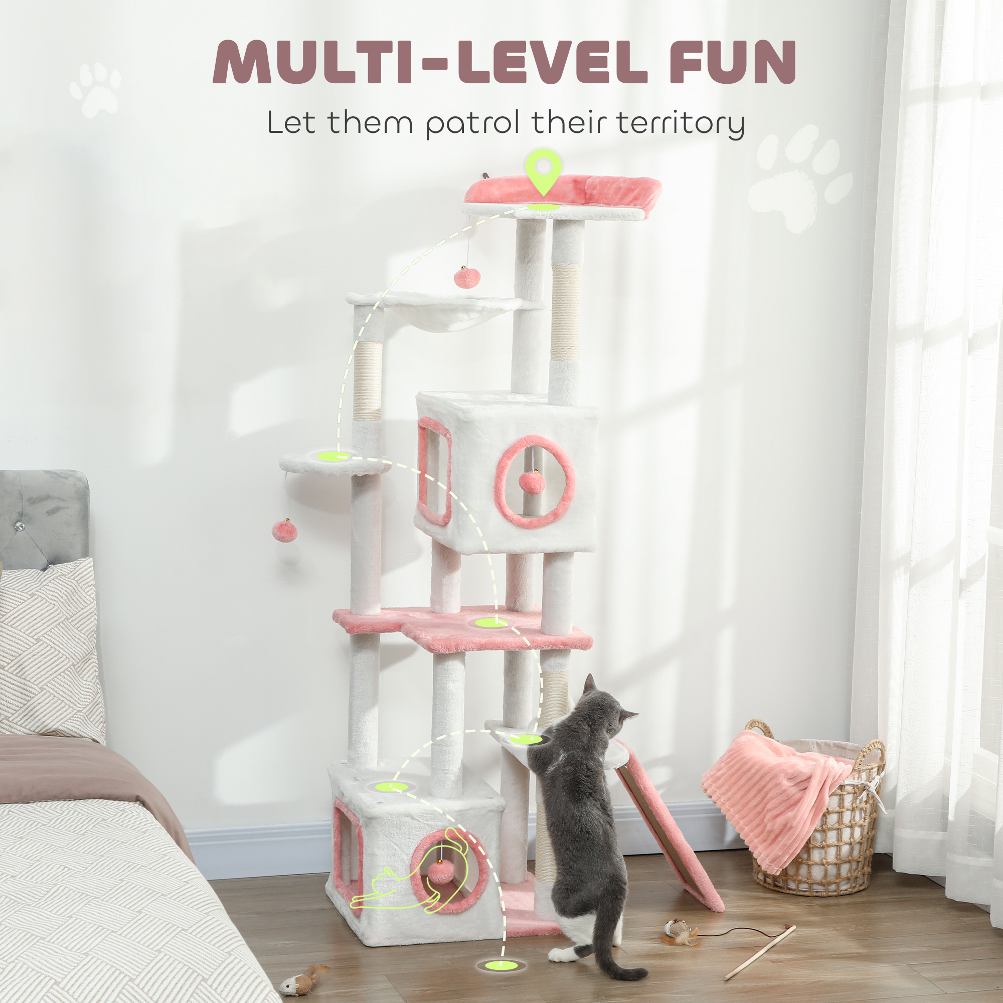 65 Inch Cat Tree with 2 Doors Condos, Plush Top Perch, Hammock, Sisal Scratching Posts, 4 Pompoms, Ramp, White