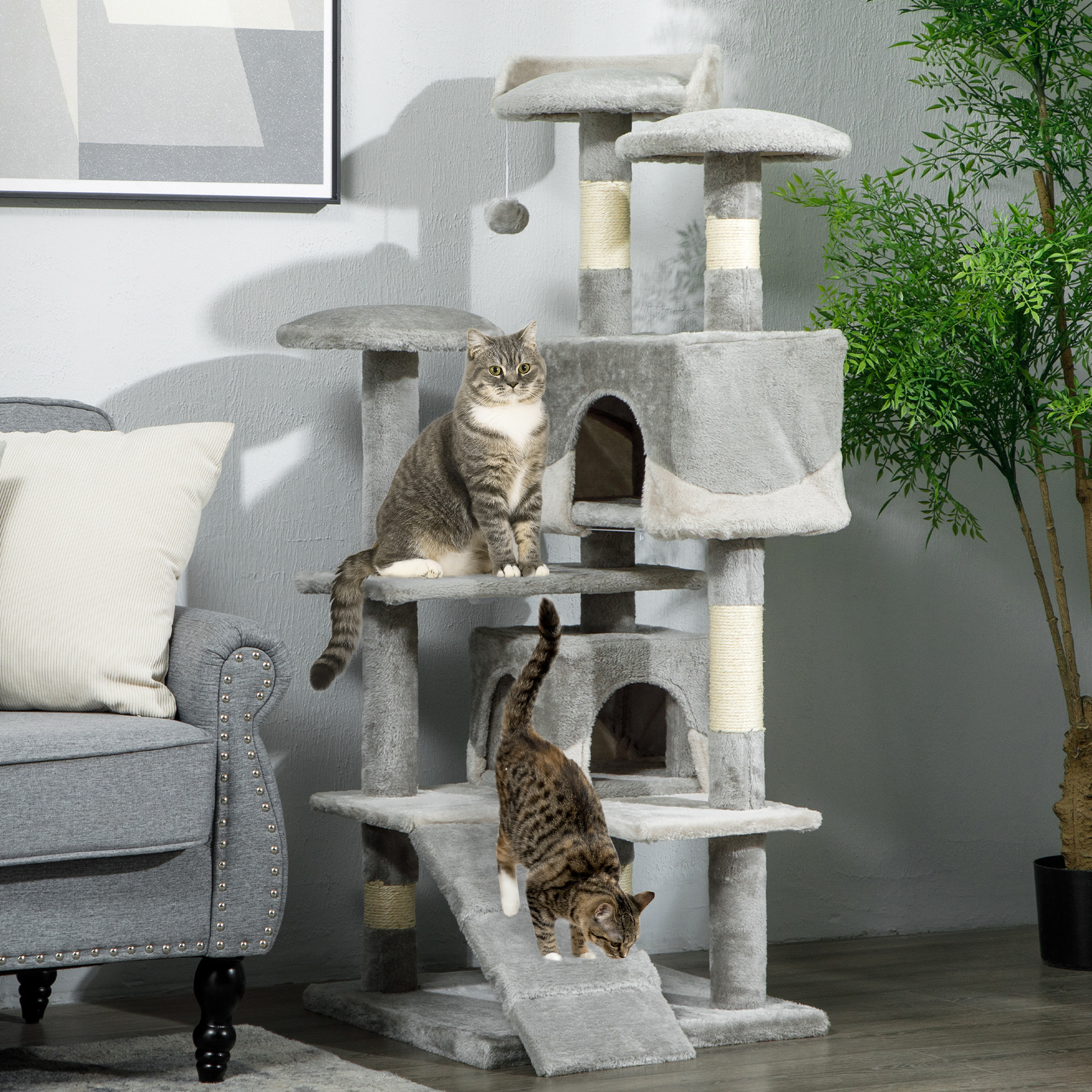 53" Cat Tree Scratching Large Kitten Play House Multi-Level Activity Center Pet Furniture, Grey