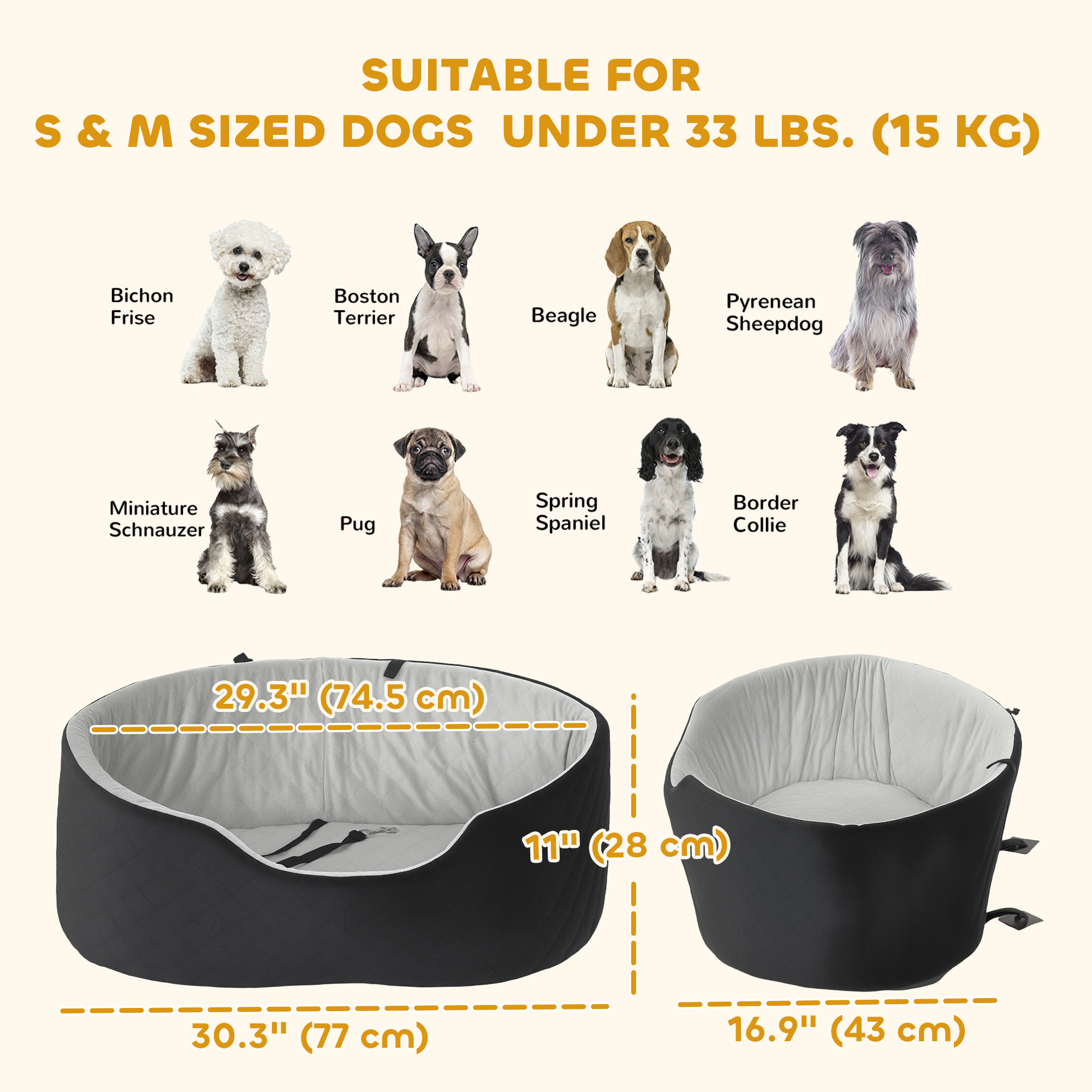 Dog Car Seat for Small Medium Pets, Detachable Washable Pet Bed with Cushion and Safety Belt for Dog Under 33lbs, Black