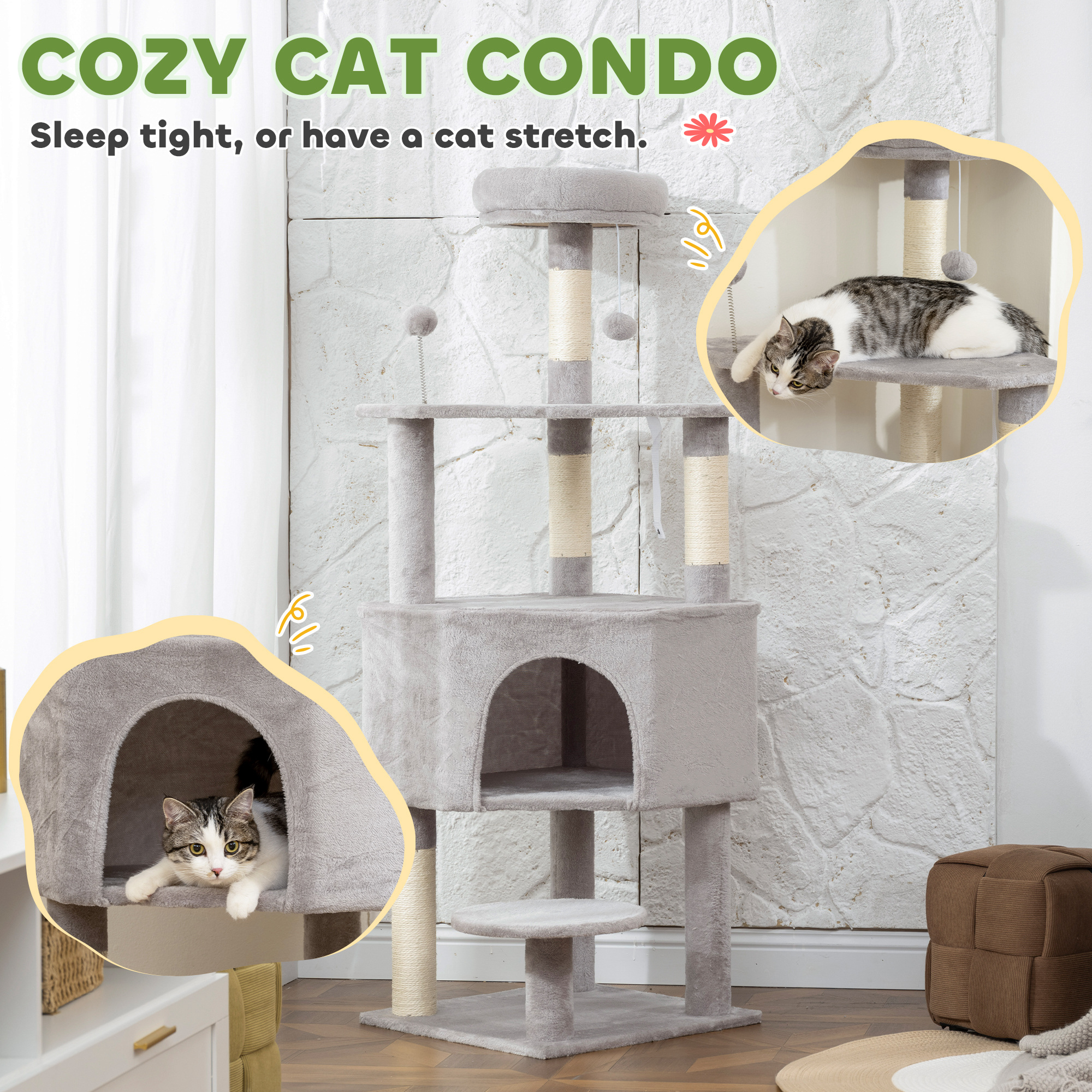 54 Inch Cat Tree with Large Condo, Top Perch, Sisal Scratching Posts, Dangling Toy Ball,Light Grey - Image 5