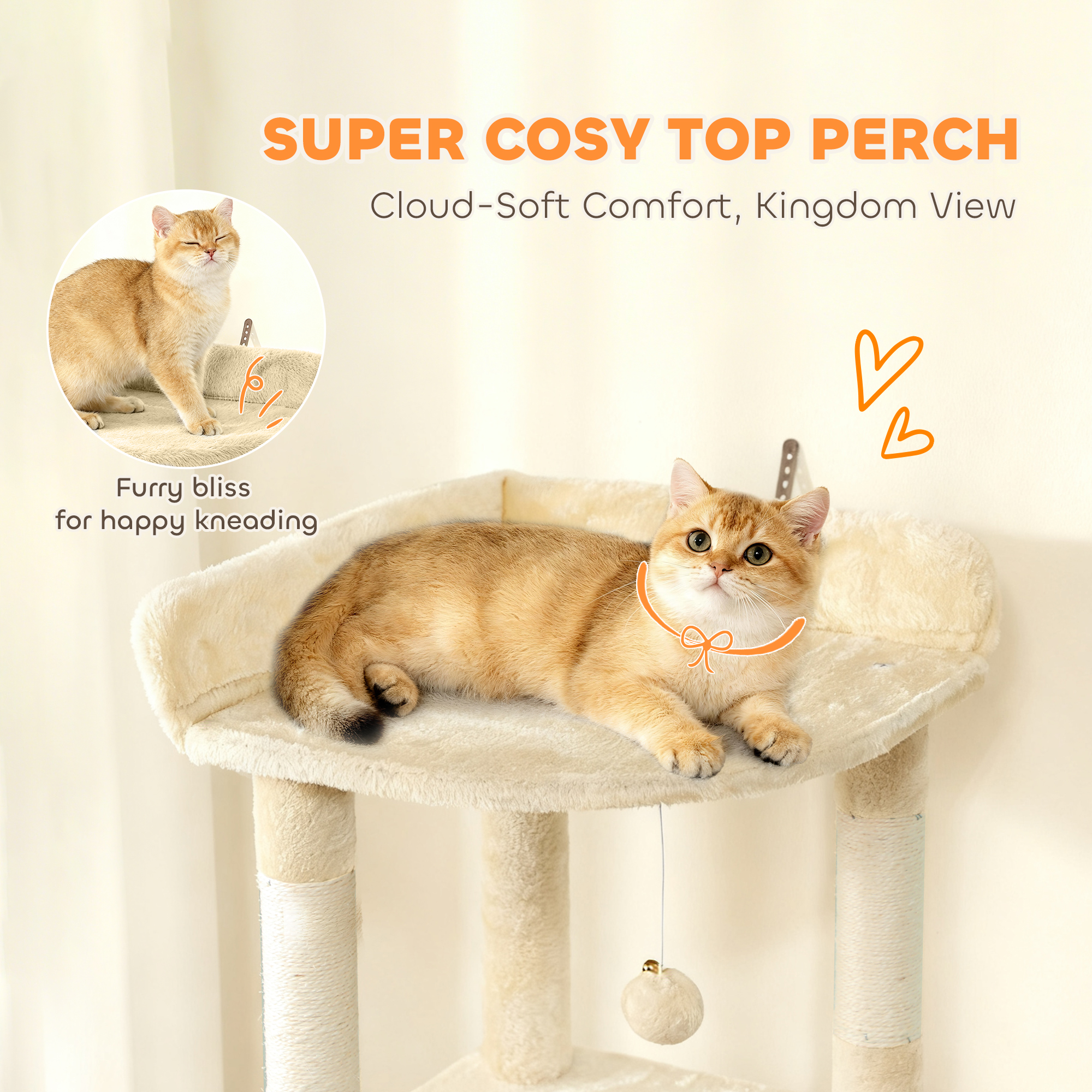 67" Large Cat Tree with 7 Scratching Posts, Tunnel, 2 Condos, Hammock, Perch, Ramp, Pompoms, Beige