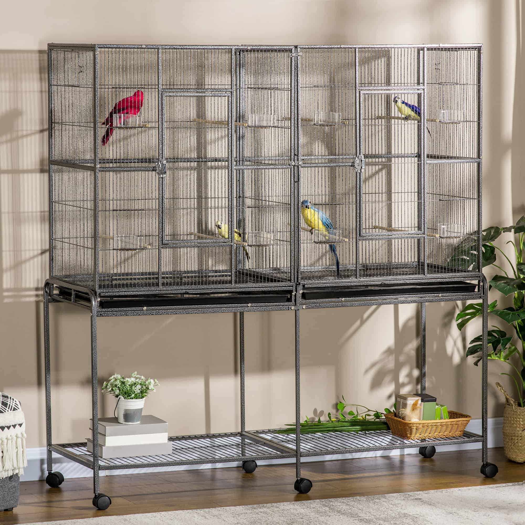 64" Extra Large Bird Cage, Rolling Metal Parrot Cage, Bird House with Detachable Rolling Stand, Storage Shelf, Wood Perch, Food Container, 62.8" x 18.9" x 64.2", Black