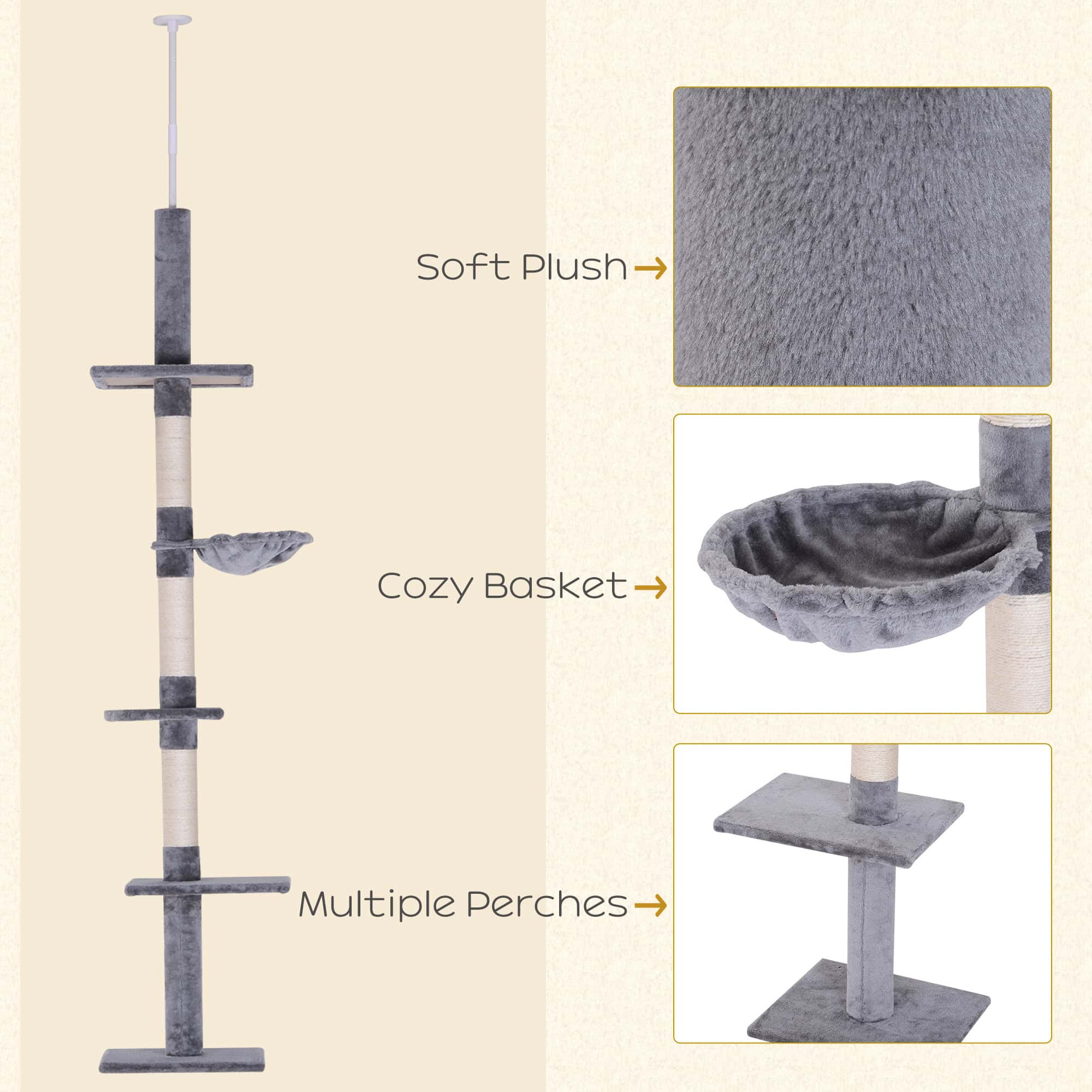 8.5ft Cat Climbing Tree 5-Tier Cat Activity Center Floor-to-Ceiling Cat Climber Toy with Scratching Post Play Rest Post Pet Furniture Grey