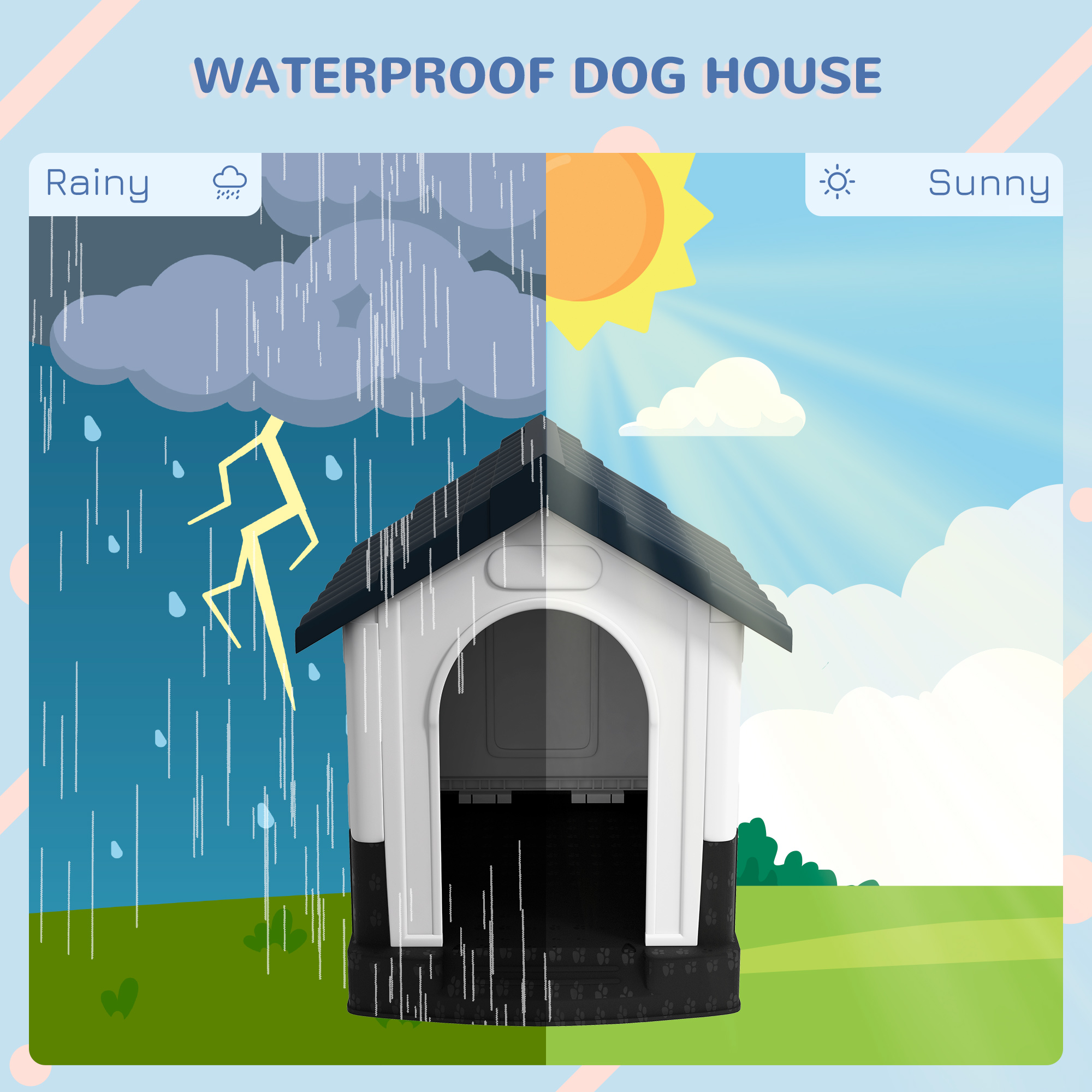 Outside Dog Kennel House with Windows, Base Support, for Garden Patio, Miniature Dogs, 64.5 x 57 x 66cm, Dark Grey