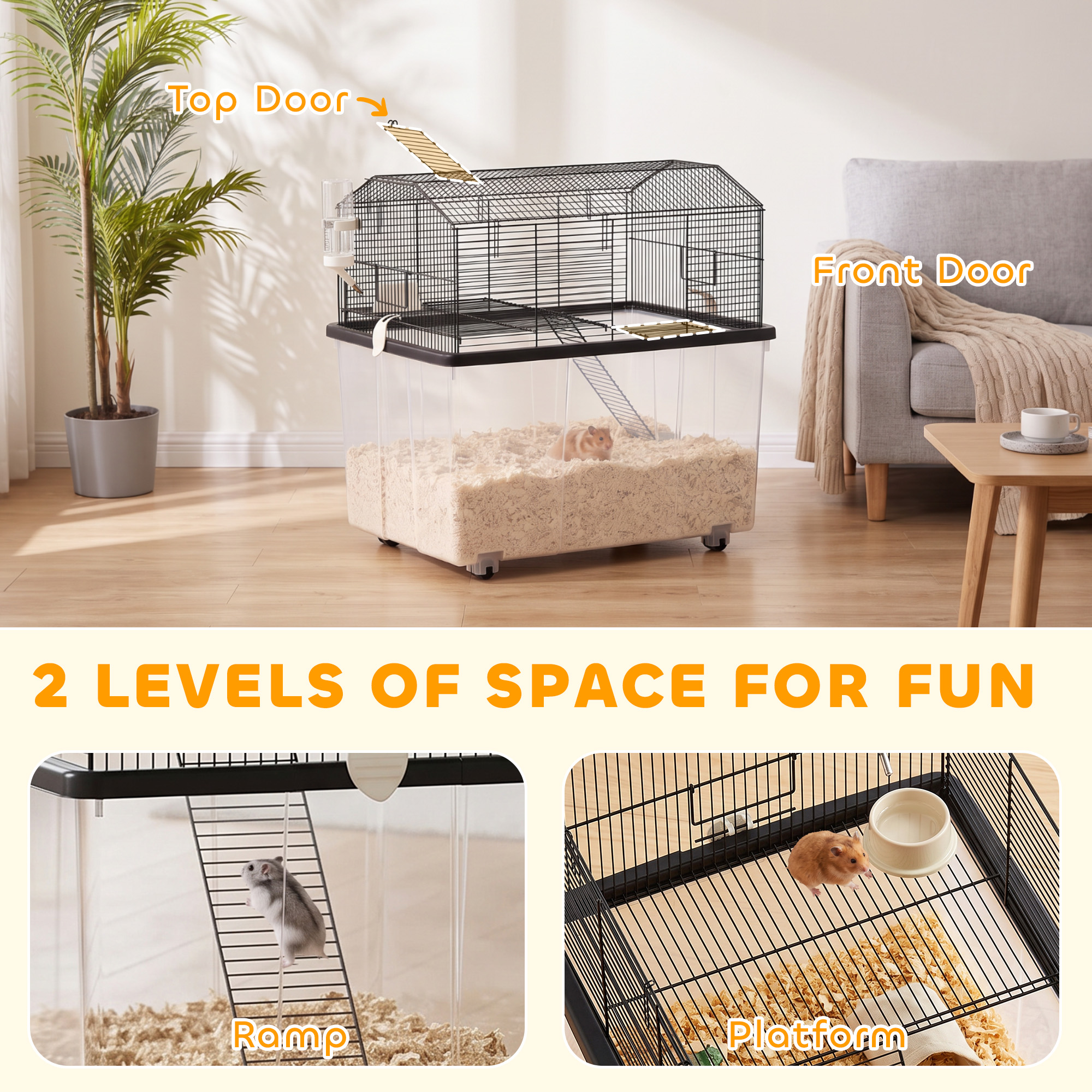 Hamster House Gerbil Habitat for Dwarf Hamster with Wheels, Detachable Bottom - Black