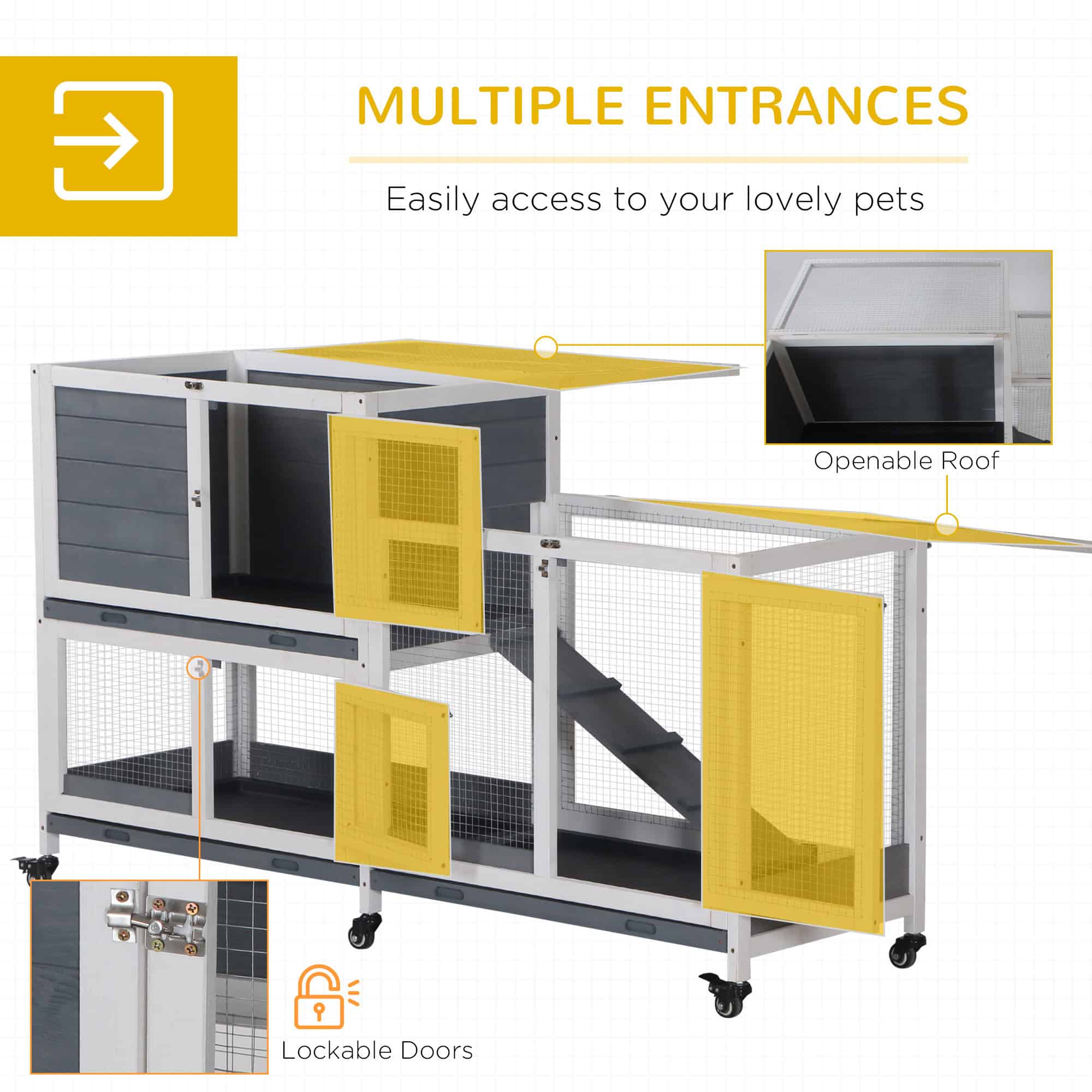 Wooden Rabbit Hutch Elevated Pet House Bunny Cage Small Animal Habitat with Slide-out Tray Lockable Door Openable Top for Indoor 58" x 18" x 35" Grey