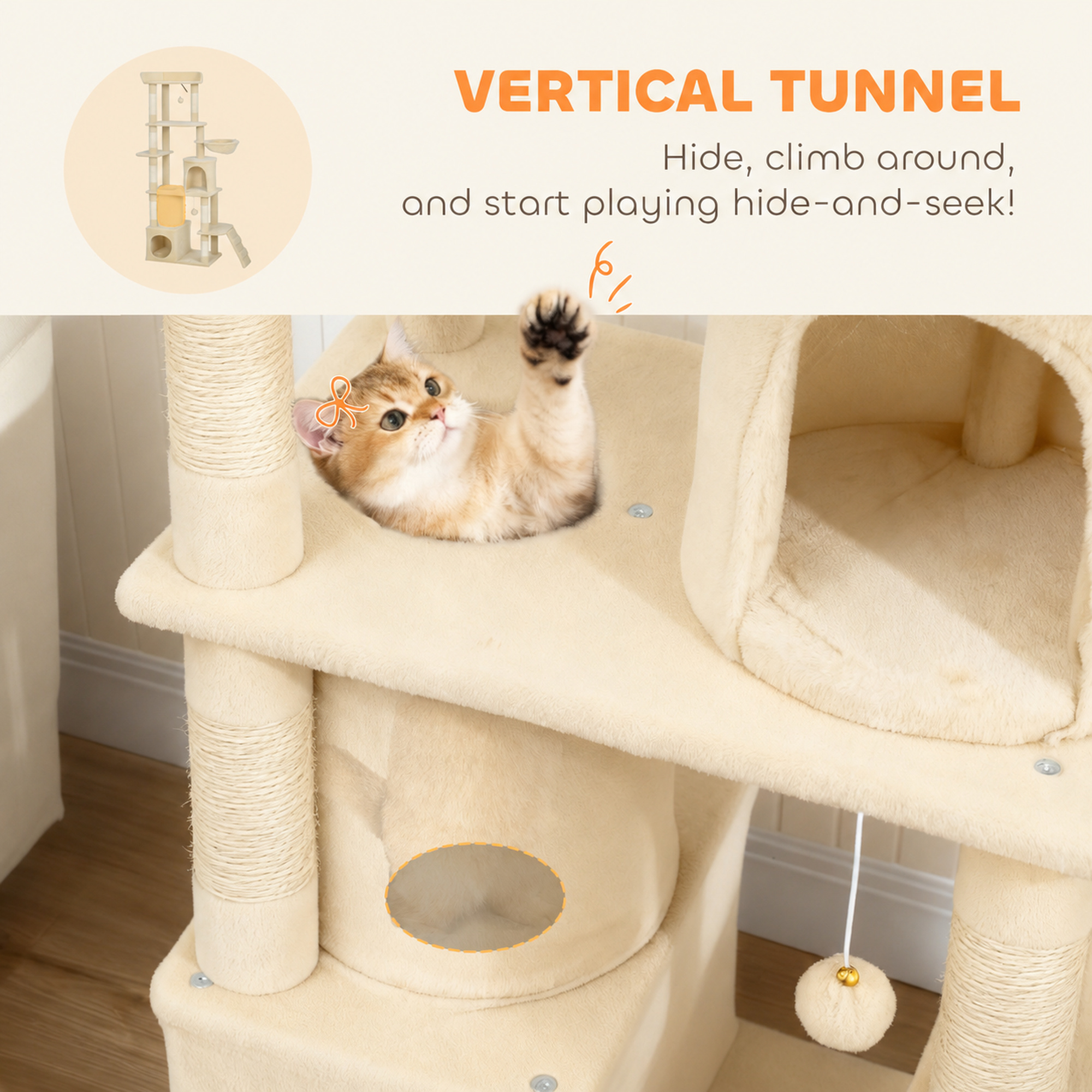 67" Large Cat Tree with 7 Scratching Posts, Tunnel, 2 Condos, Hammock, Perch, Ramp, Pompoms, Beige