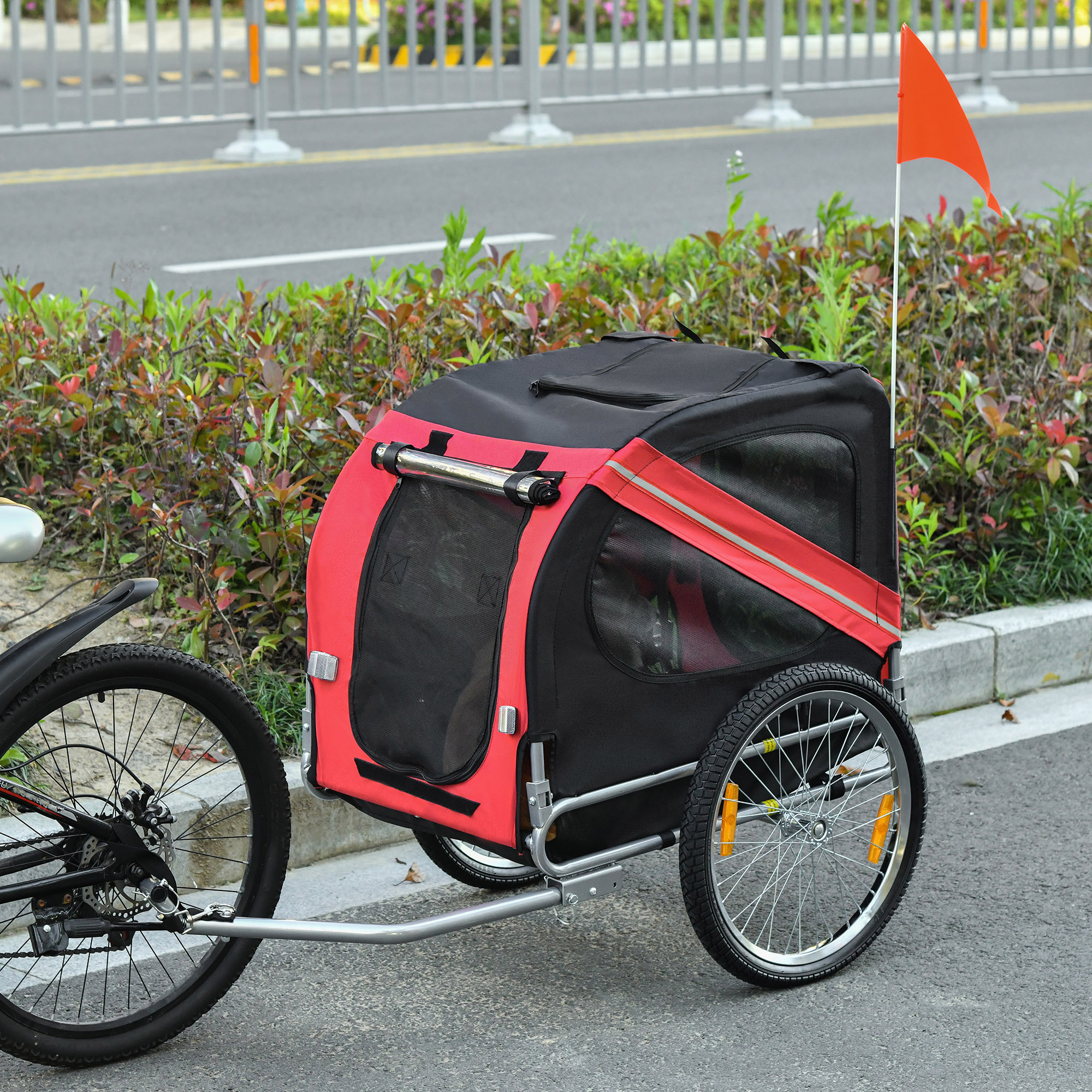 Dog Bike Trailer Pet Cart Bicycle Wagon Cargo Carrier Attachment for Travel Foldable - Red/ Black