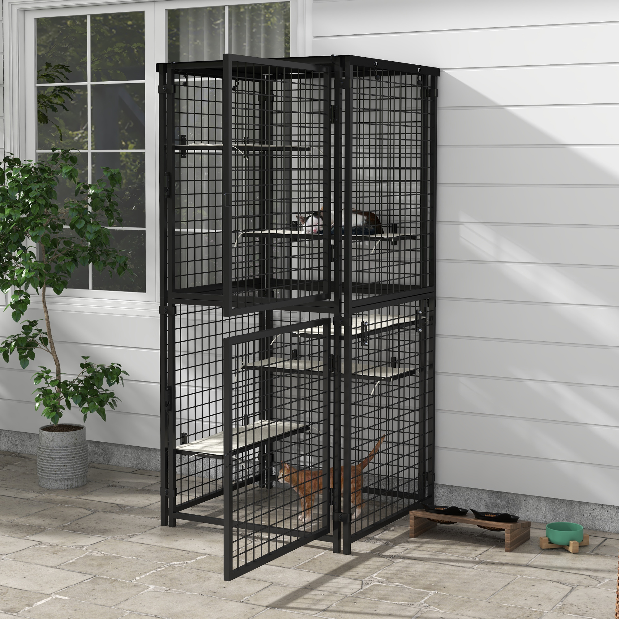 Cat Cage Multi-Level Catio Steel Outdoor Cat Enclosure w/ UV-and Water Resistant Cover, 5 Platforms, Soft Pads, Black