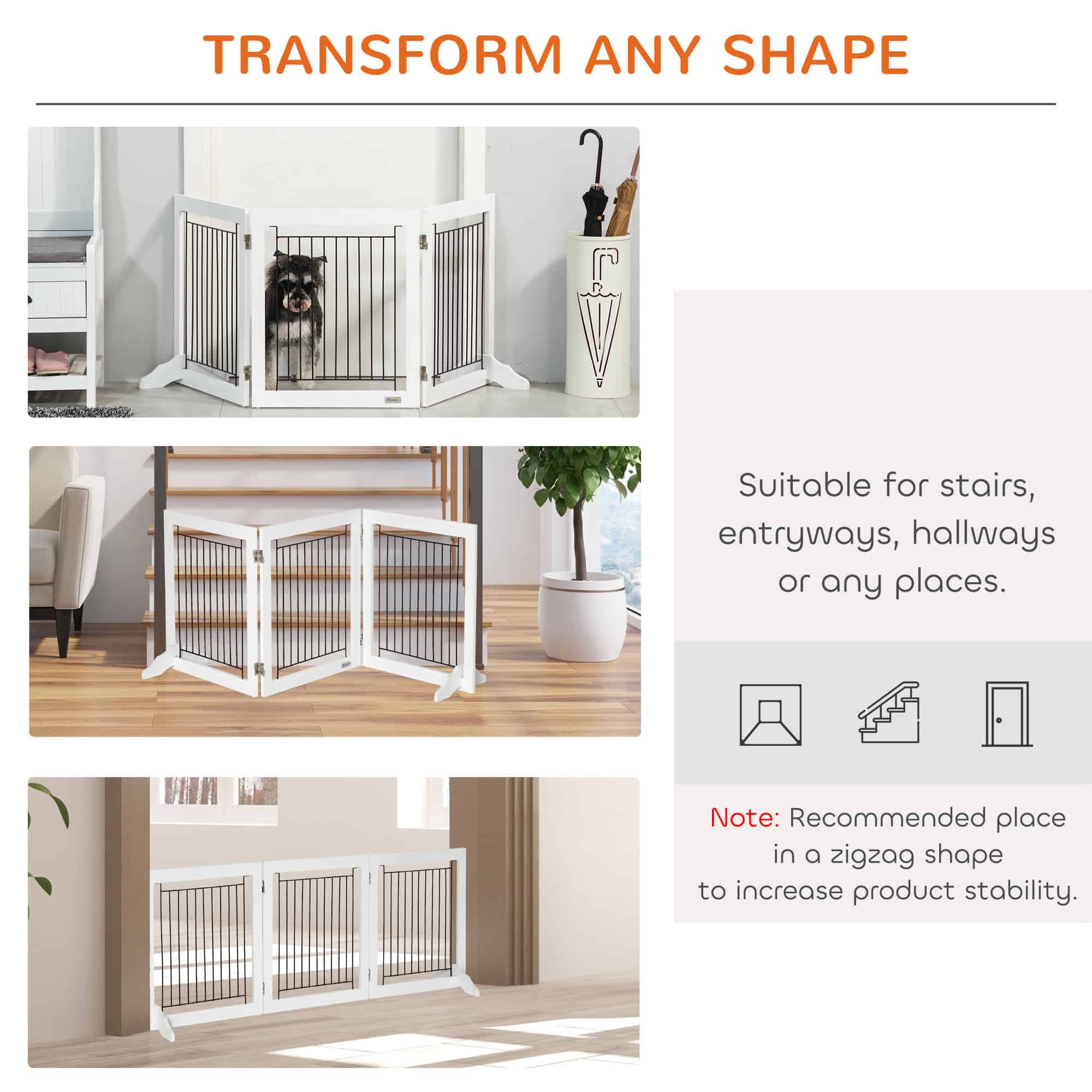 Freestanding Pet Gate, Folding Dog Gate with 2 Support Feet, 24" High, 3 Panels, for Small Dogs, Indoor Use - White - Image 4