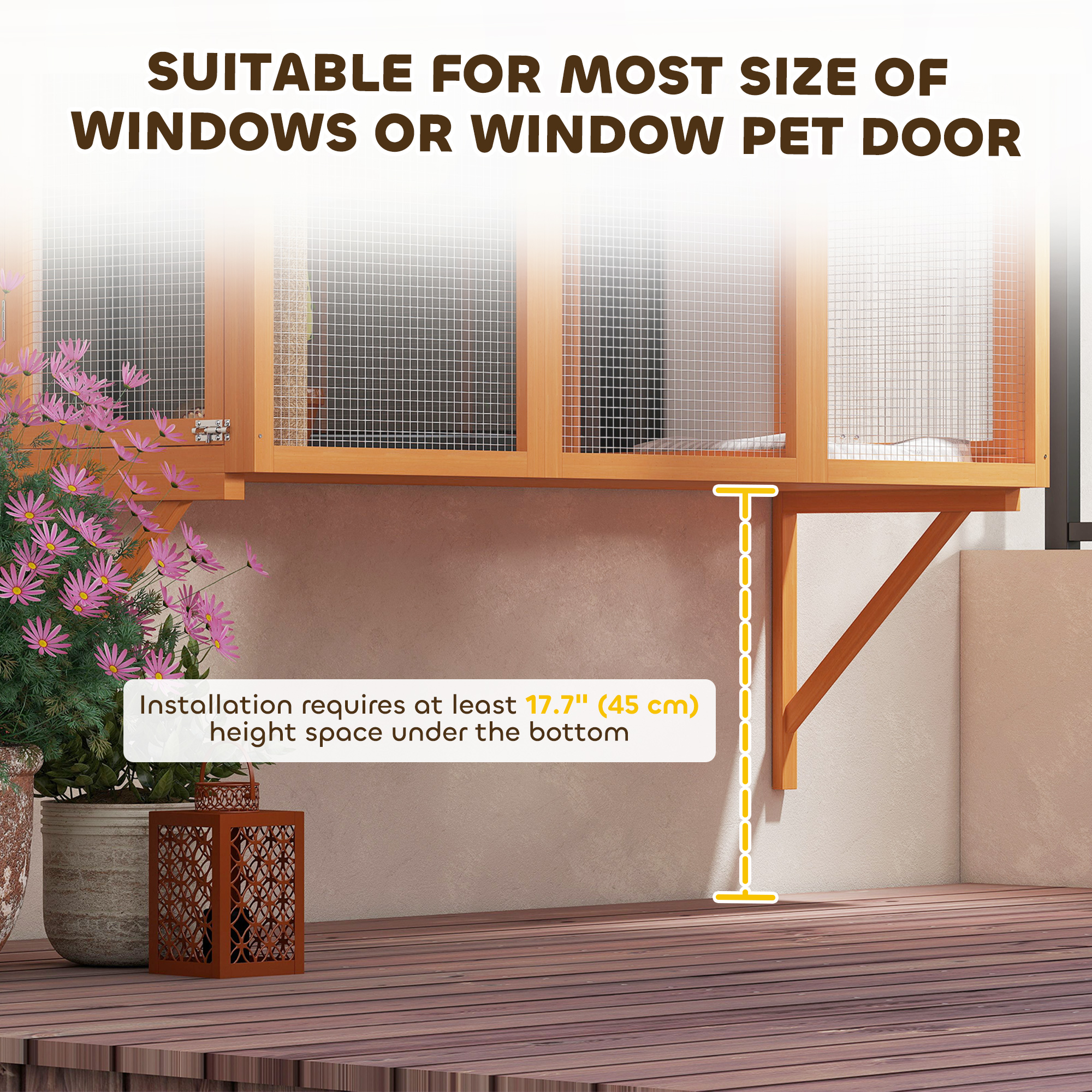 Wooden Catio Outdoor, Cat Window Box Enclosure for 2-3 Large Cats with 2 Jumping Platforms & Scratching Post, Orange