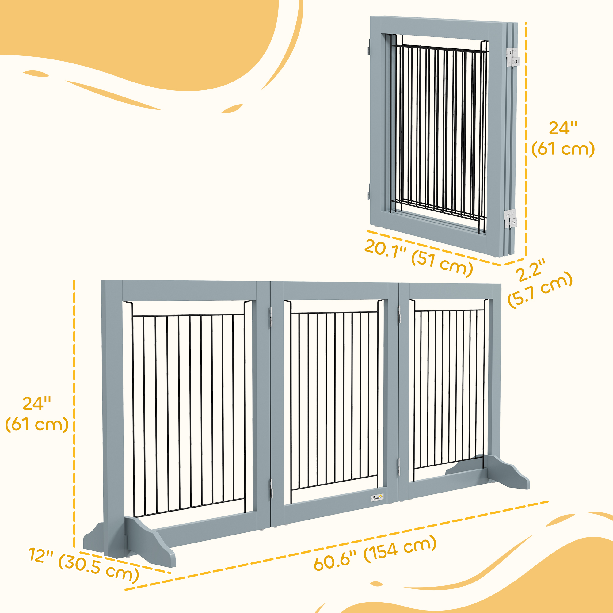 Freestanding Pet Gate, Folding Dog Gate with 2 Support Feet, 24" High, 3 Panels, for Small Dogs, Indoor Use - Grey - Image 3