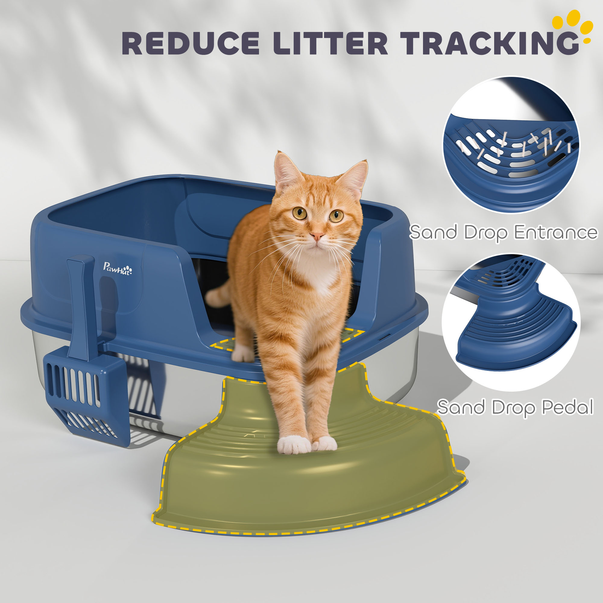 Stainless Steel Cat Litter Box, Cat Litter Box with High Side and Scoop, Anti-Leakage, Easy to Clean, Navy Blue