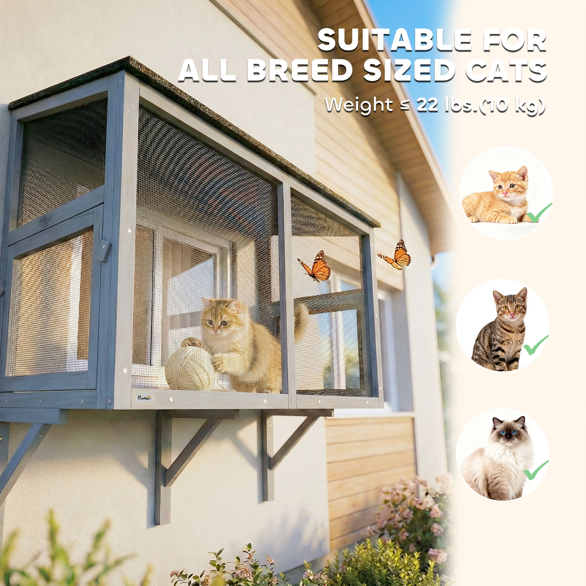 Catio Outdoor Cat Enclosure Expandable Wooden Cat House with 2 Doors for Window, 39.4"L