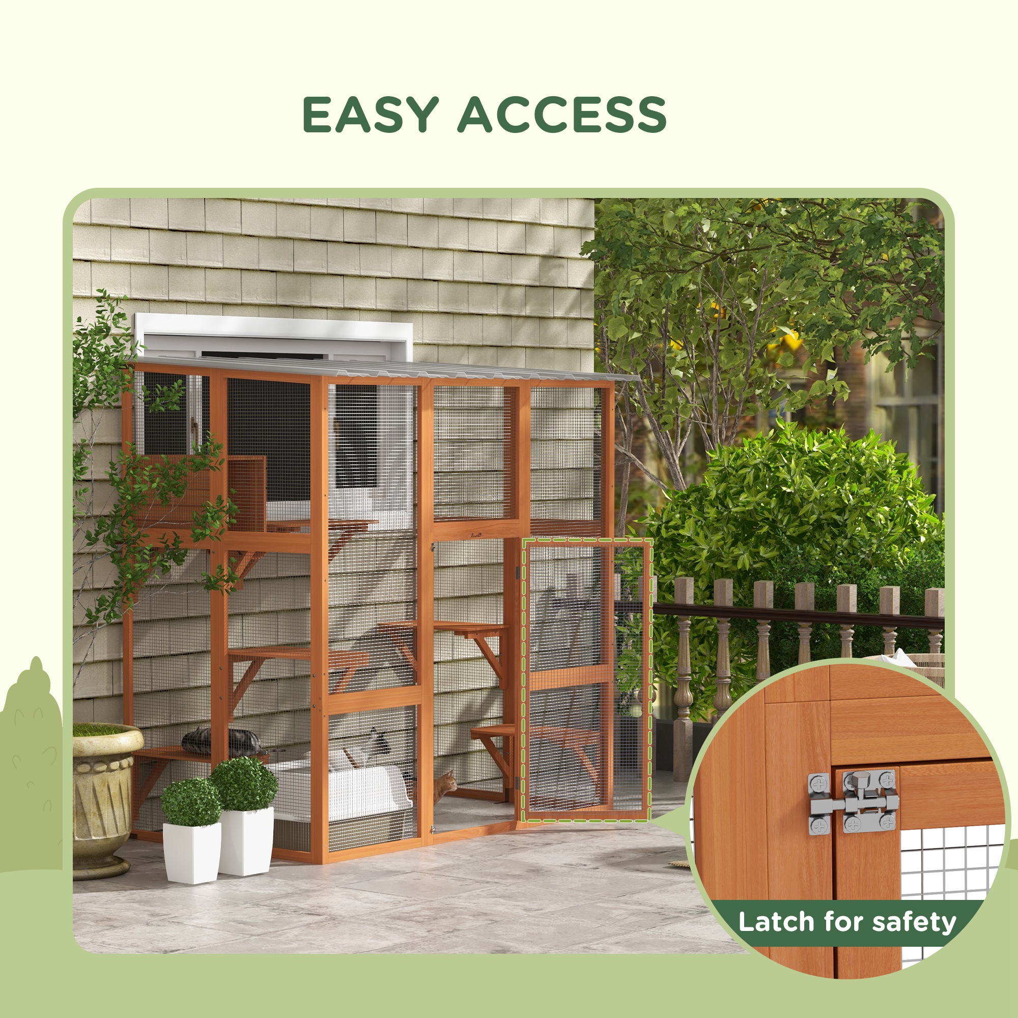 Large Outdoor Catio with Weatherproof Roof, Bridge, Resting Box, Platforms, Orange
