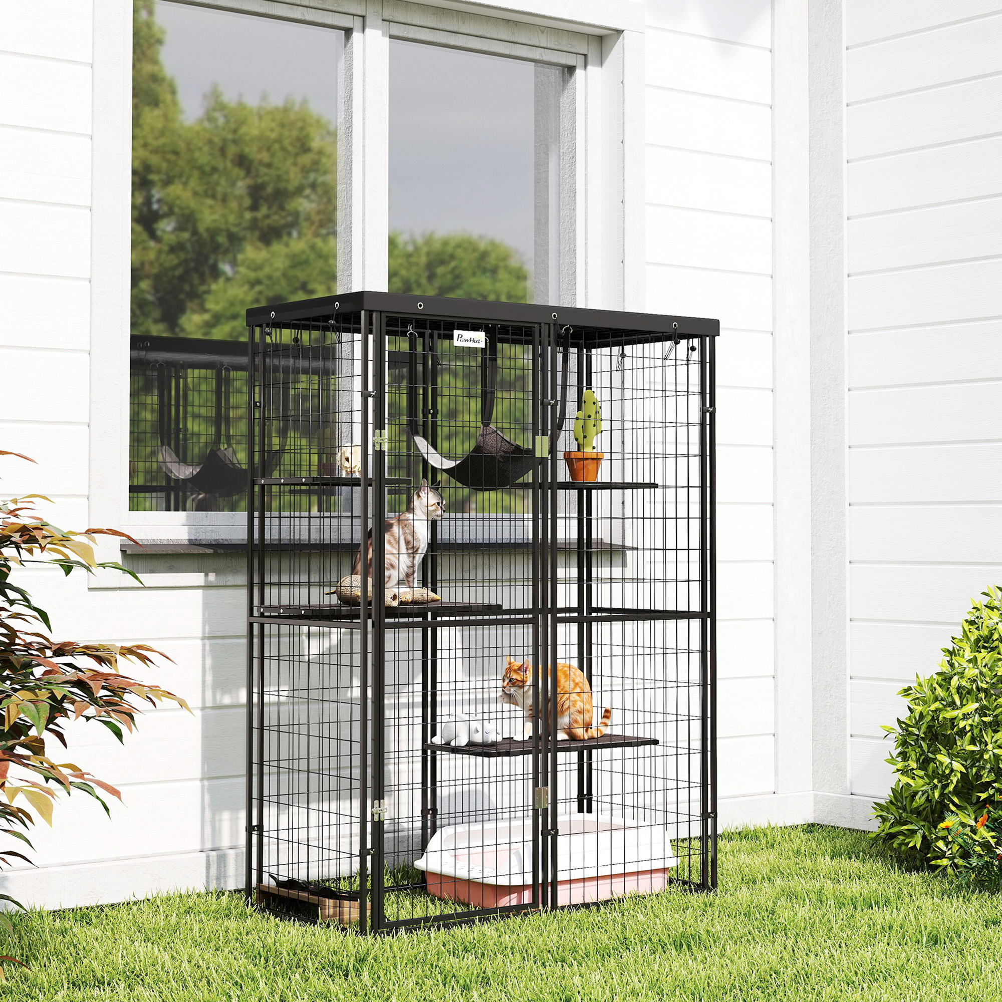 Metal Cat Cage with Waterproof Cover, 4 Platforms, Hammock, Washable Cushions for 1-3 Kittens, 46.5" x 22" x 62", Black