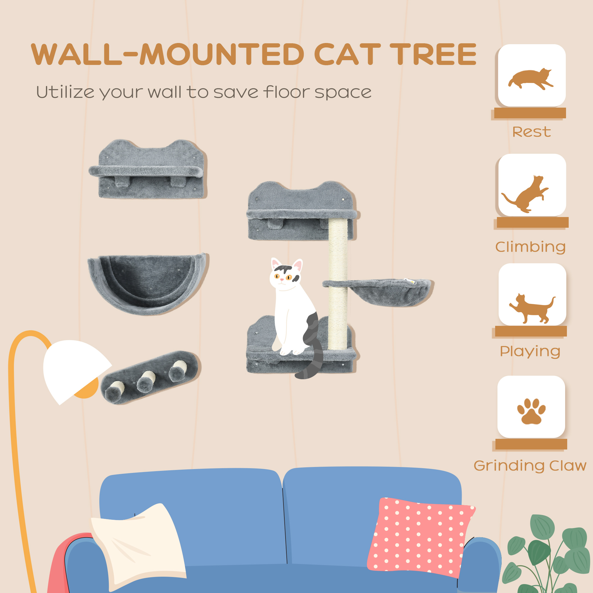 Cat Wall Shelves, 3PCs Cat Shelves with Hammock, Scratching Post, 3 Steps, Jumping Platforms, Wall Mounted Cat Climber, Grey - Image 4