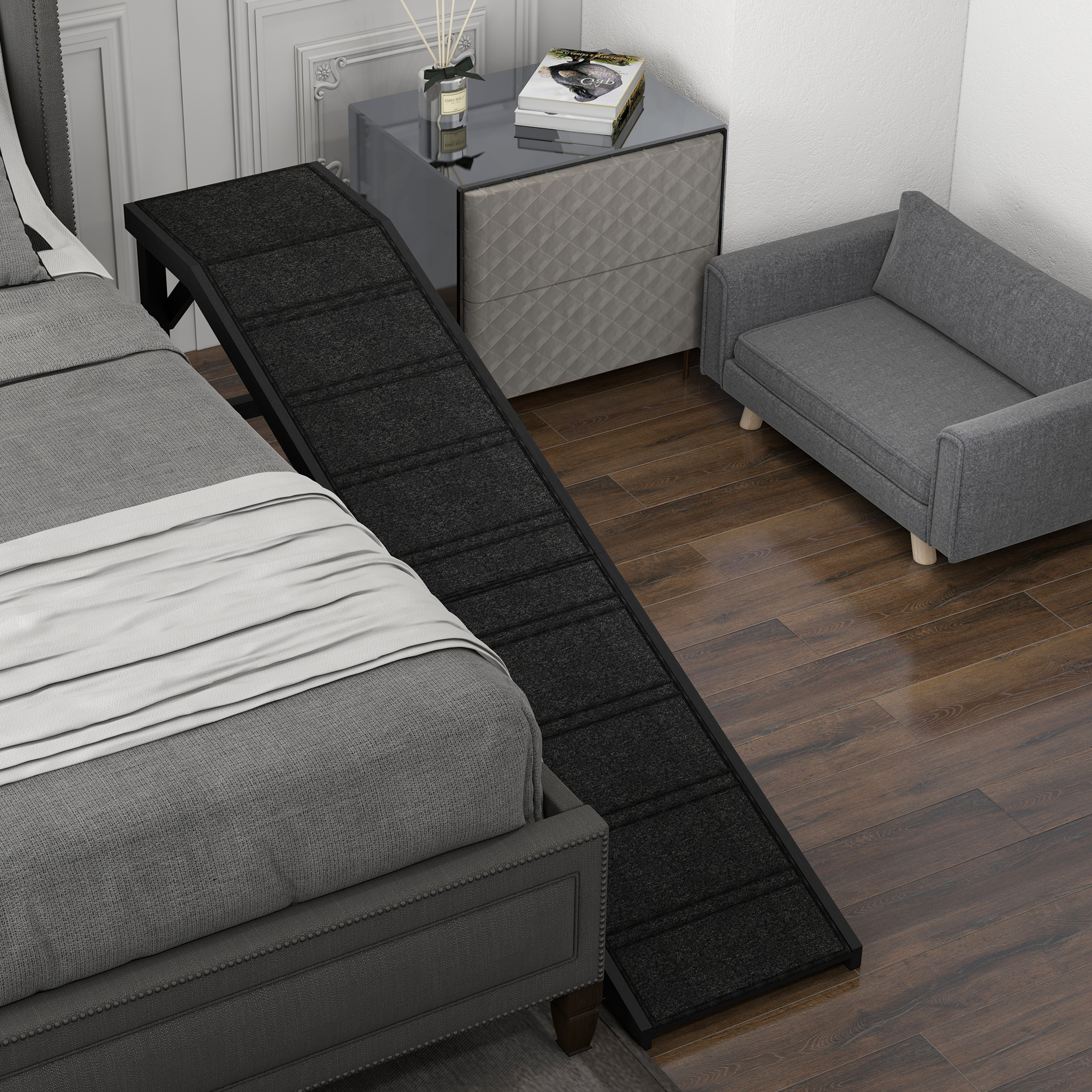 Pet Ramp Bed Steps for Dogs Cats Non-slip Carpet Top Platform Pine Wood 74"L x 16"W x 25"H Black