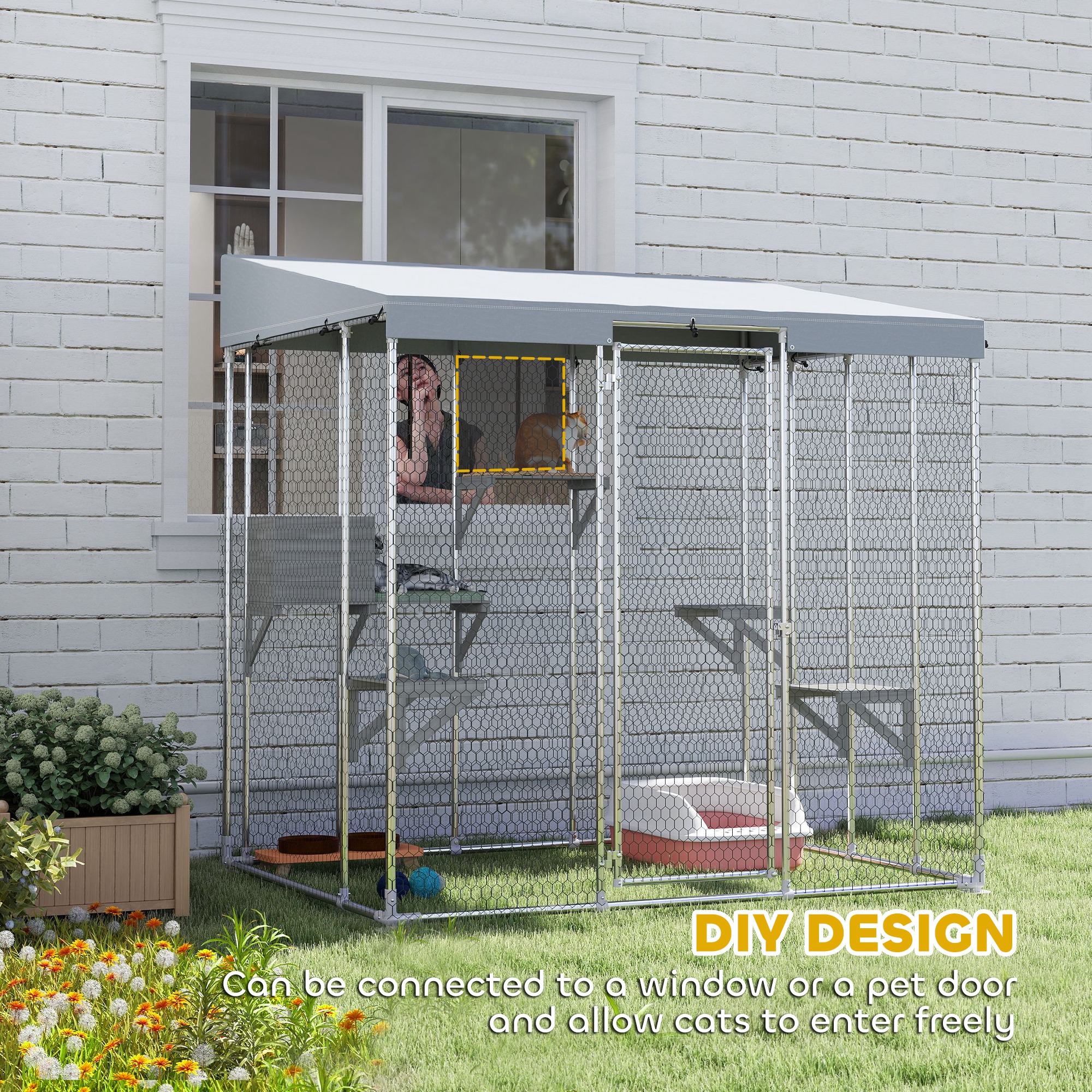 79" L Galvanized Steel Catio Outdoor Cat Enclosure w/ 420D Waterproof Canopy, Multiple Platforms, Resting Condo, Silver