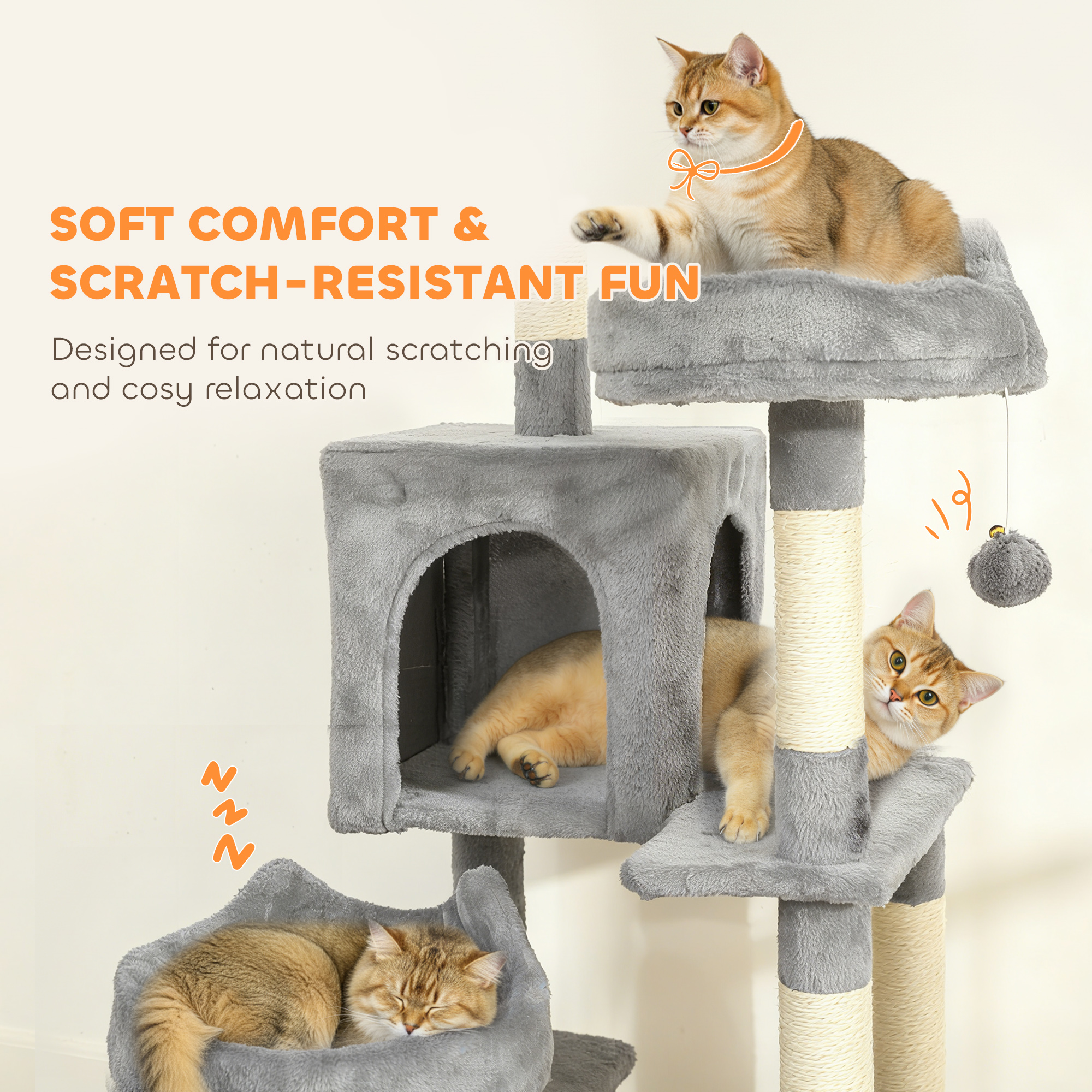 76" Large Cat Tree for Indoor Cats with 8 Scratching Posts, 3 Plush Beds, 2 Hammocks, 2 Large Condos, Ramp, Light Grey
