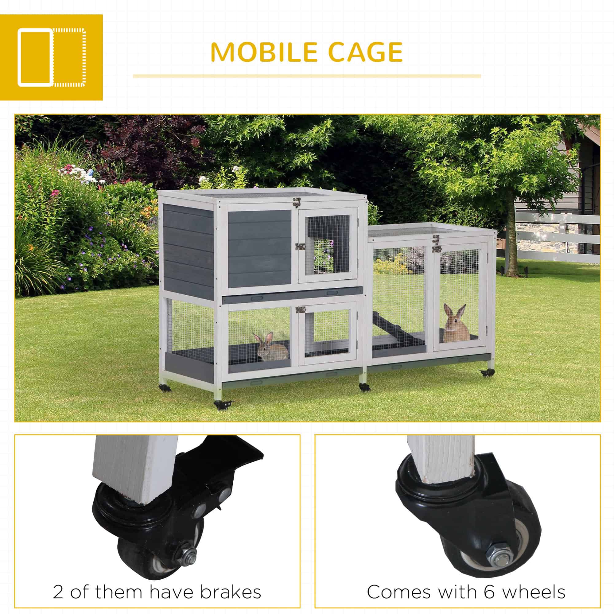 Wooden Rabbit Hutch Elevated Pet House Bunny Cage Small Animal Habitat with Slide-out Tray Lockable Door Openable Top for Indoor 58" x 18" x 35" Grey
