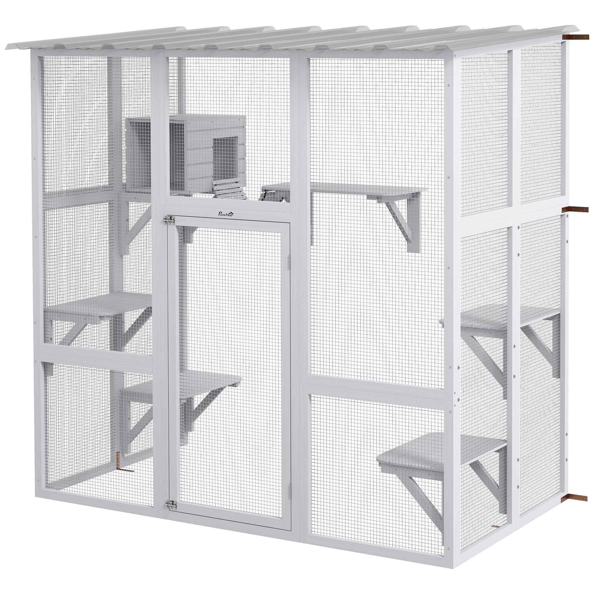 Large Outdoor Catio with Weatherproof Roof, Bridge, Resting Box, Platforms, White