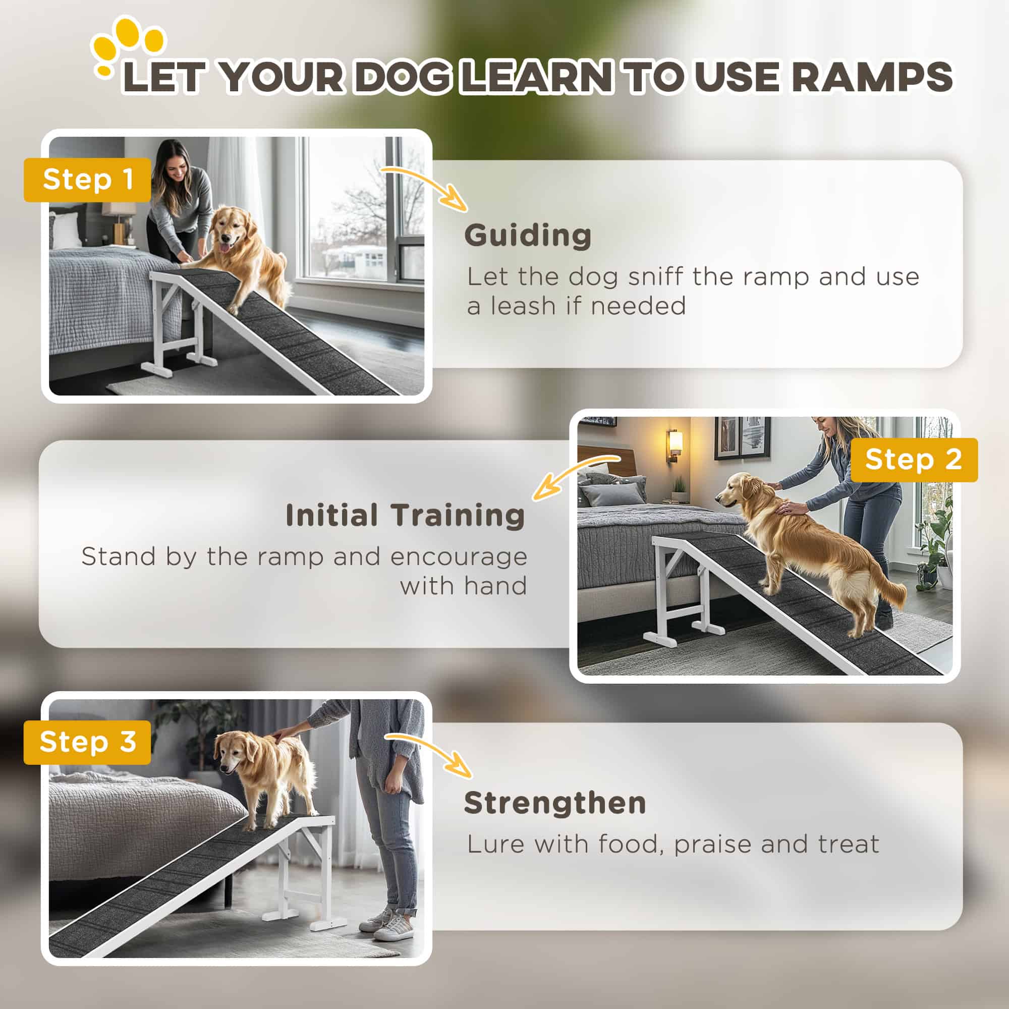 Pet Ramp, Dog Bed Steps with Non-slip Carpet, Top Platform, 74" x 16" x 25", White - Image 7