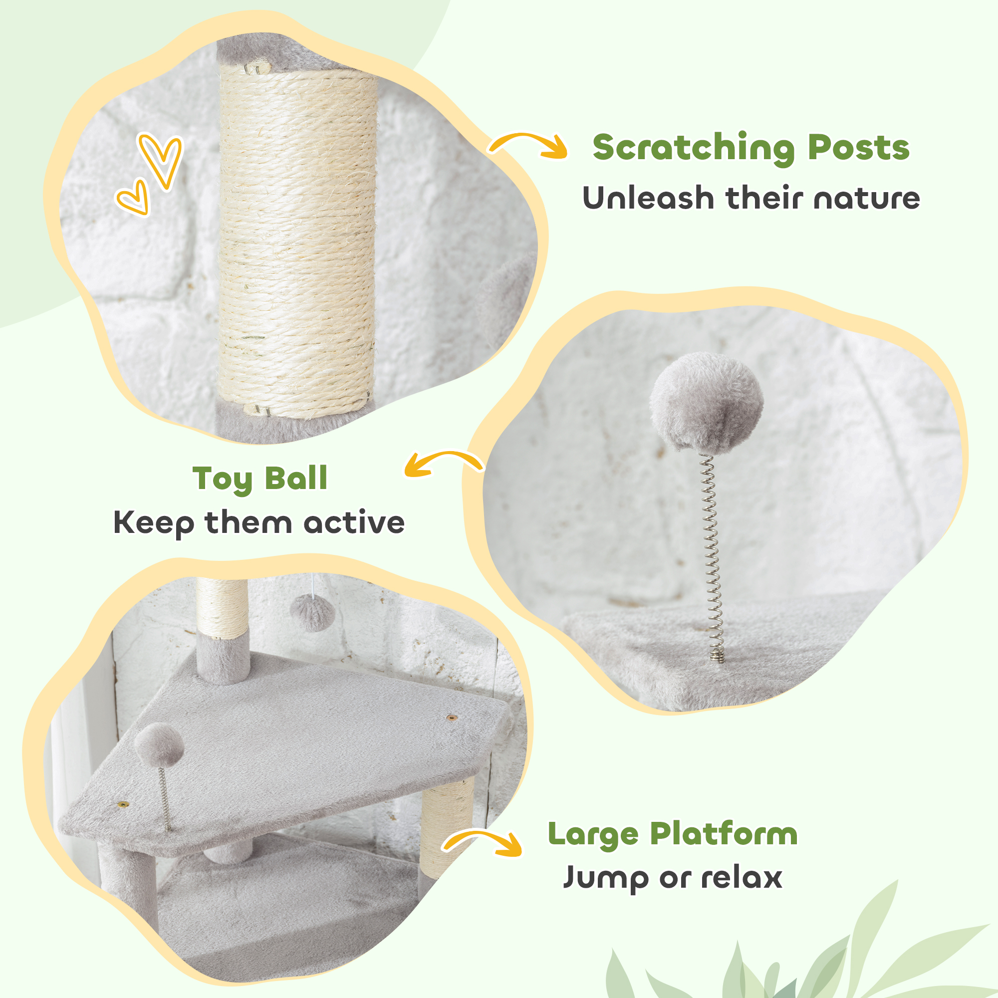 54 Inch Cat Tree with Large Condo, Top Perch, Sisal Scratching Posts, Dangling Toy Ball,Light Grey - Image 6