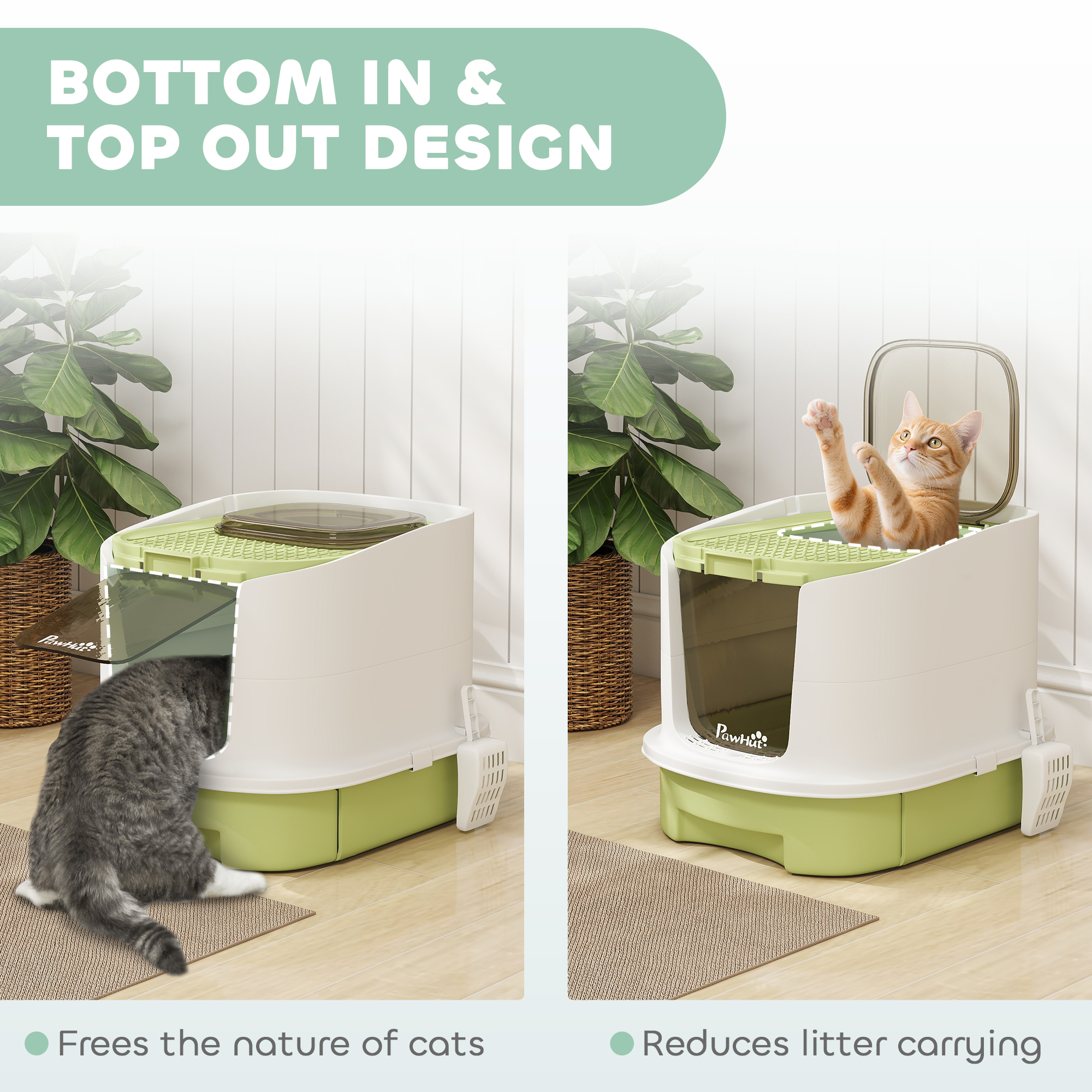 Enclosed Cat Litter Box with Lid, Scoop, Top Entry, Deodorization Bags, Drawer Type Cat Litter Tray, Easy to Clean, Green - Image 6