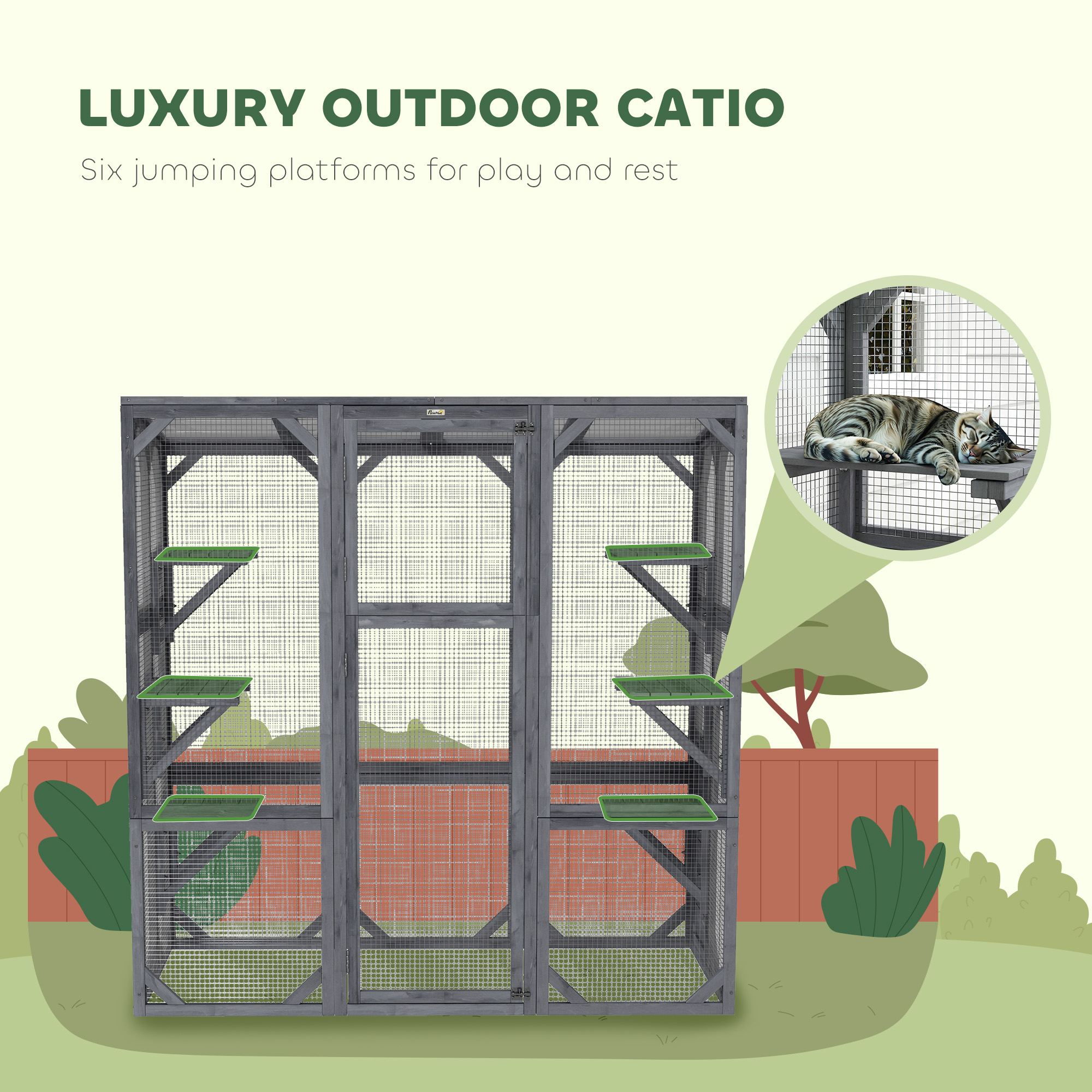 Outdoor Cat Enclosure with 6 Jumping Platforms, Weatherproof Roof, Large Front Door for 1-3 Cats, 59" x 28" x 60", Grey