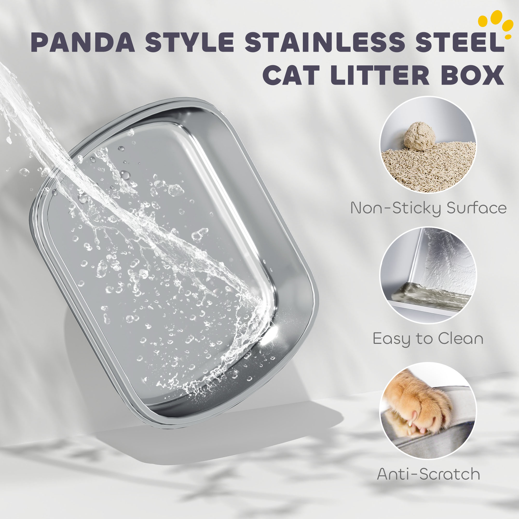 Panda Style XL Stainless Steel Cat Litter Box with Lid, Enclosed Kitty Litter Box with Scoop, 23.7" x 15.9" x 17.6"